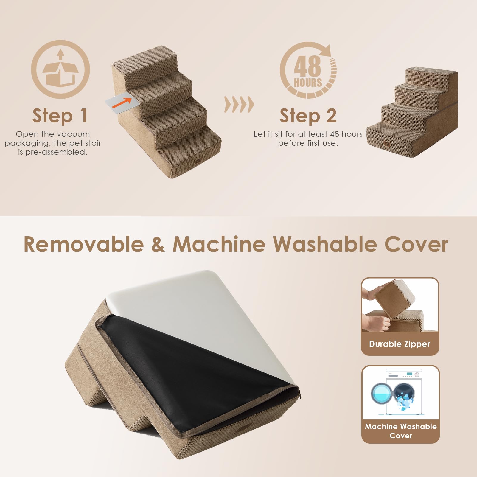 Eheyciga Dog Stairs For Bed 18”H, 4-Step Dog Steps For High Bed, Pet Steps For Small Dogs And Cats, Non-Slip Balanced Dog Indoor Ramp, Camel