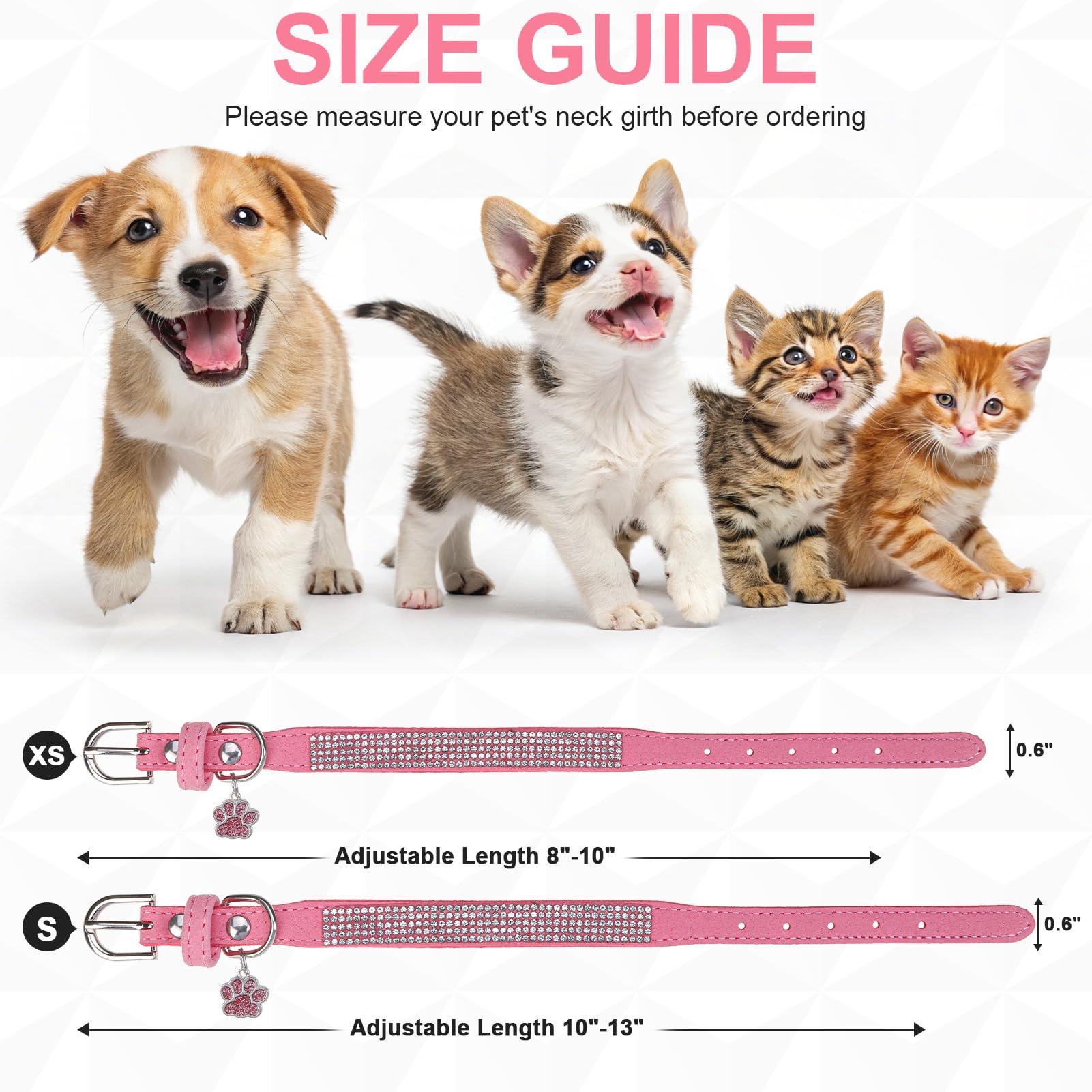 Bingpet Dog Collar For Small Dogs,Bling Rhinestone Puppy Collar Adjustable,Soft Leather Suede Pink Dog Collars Cat Collars For G