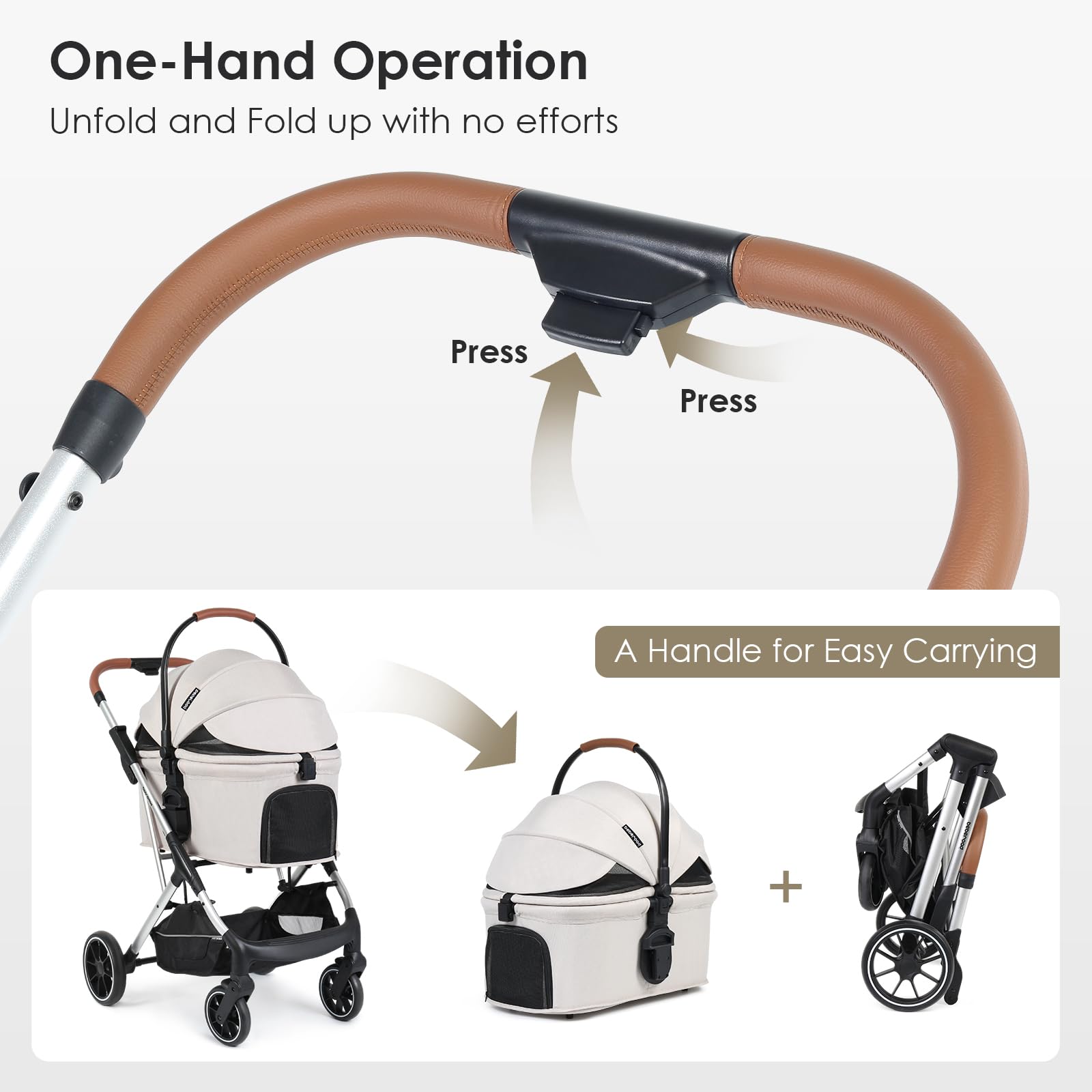 Beberoad Pets T6 Luxury Pet Stroller For Medium Dog Under 66Lbs Or 2 Small Dogs & Cats, Foldable And Carrier -Detachable (Beige)