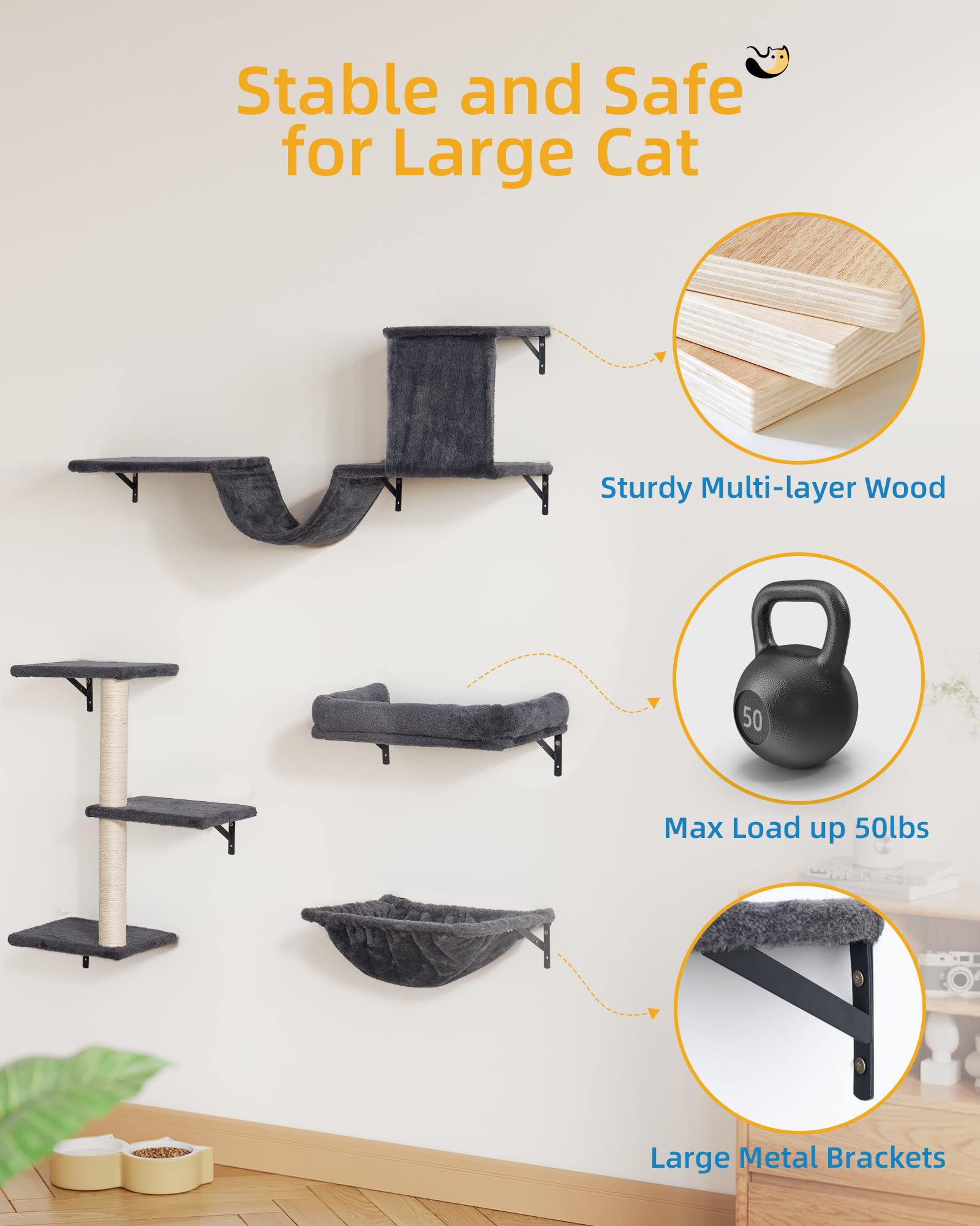 Aechonow Wall Mount Cat Shelves with Big Hammock for Large Adults, 5-in-1 Wall Cat Furniture Set with Sisal Scratch Tree for Ind