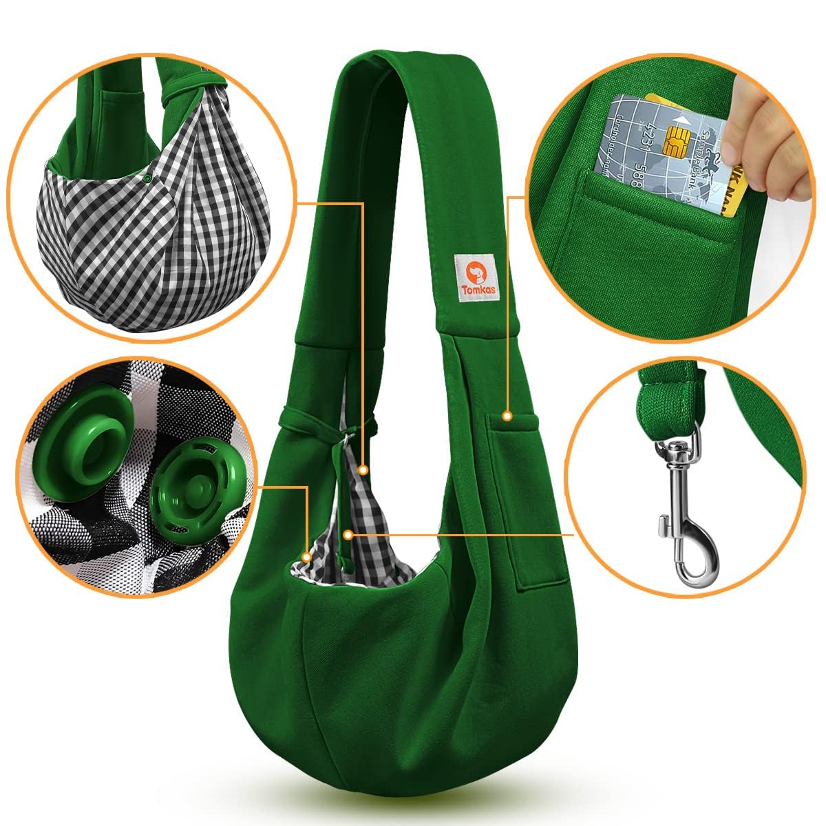 Tomkas Small Dog Sling Carrier - Classic Pocket & Classic Strap - For 3-10 Lbs Pets(Emerald Green)