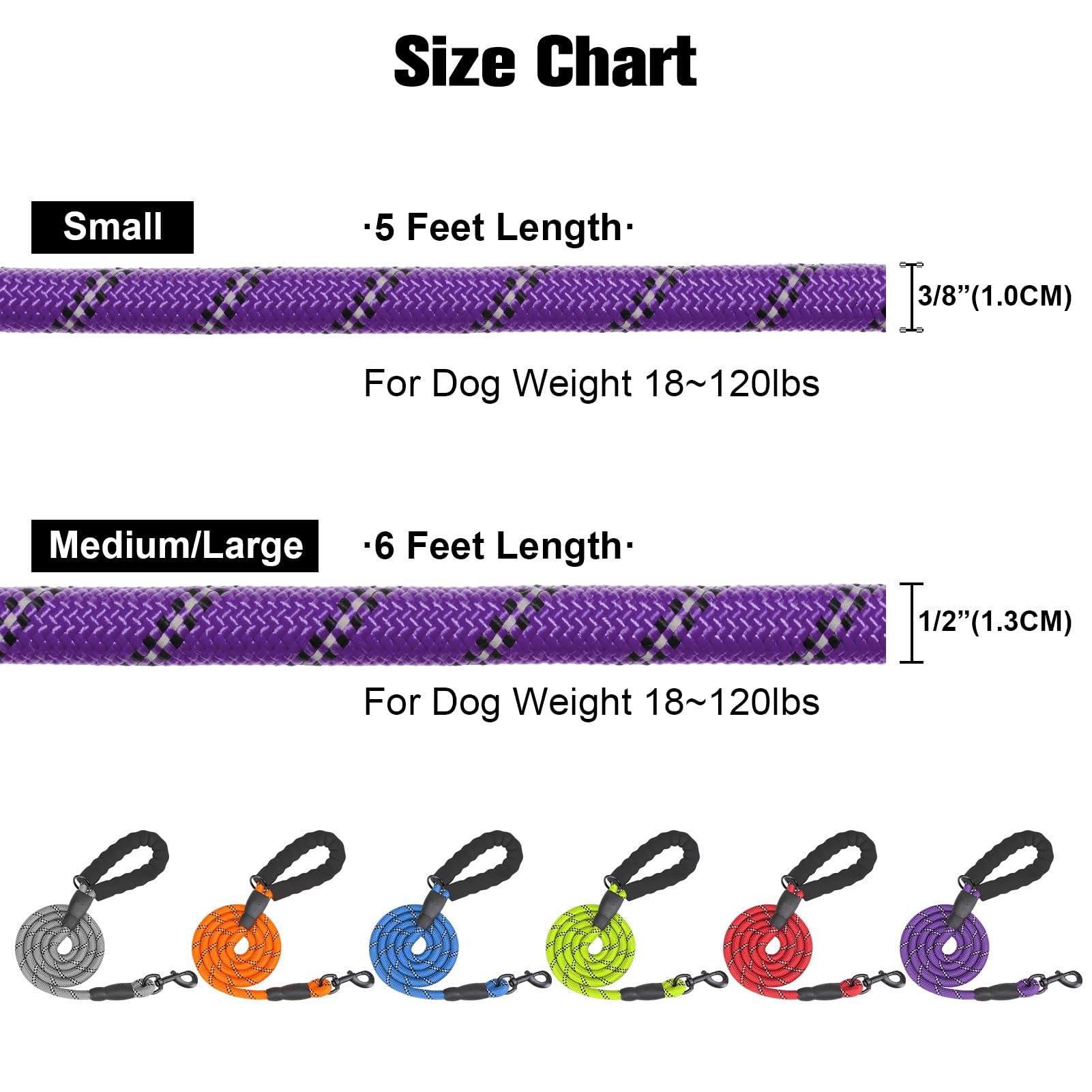 Beautyzoo Heavy Duty Rope Dog Leash 6 Pack, 5Ft Nylon Pet Lead With Reflective Thread, Soft Padded Handle For Large Medium Dogs