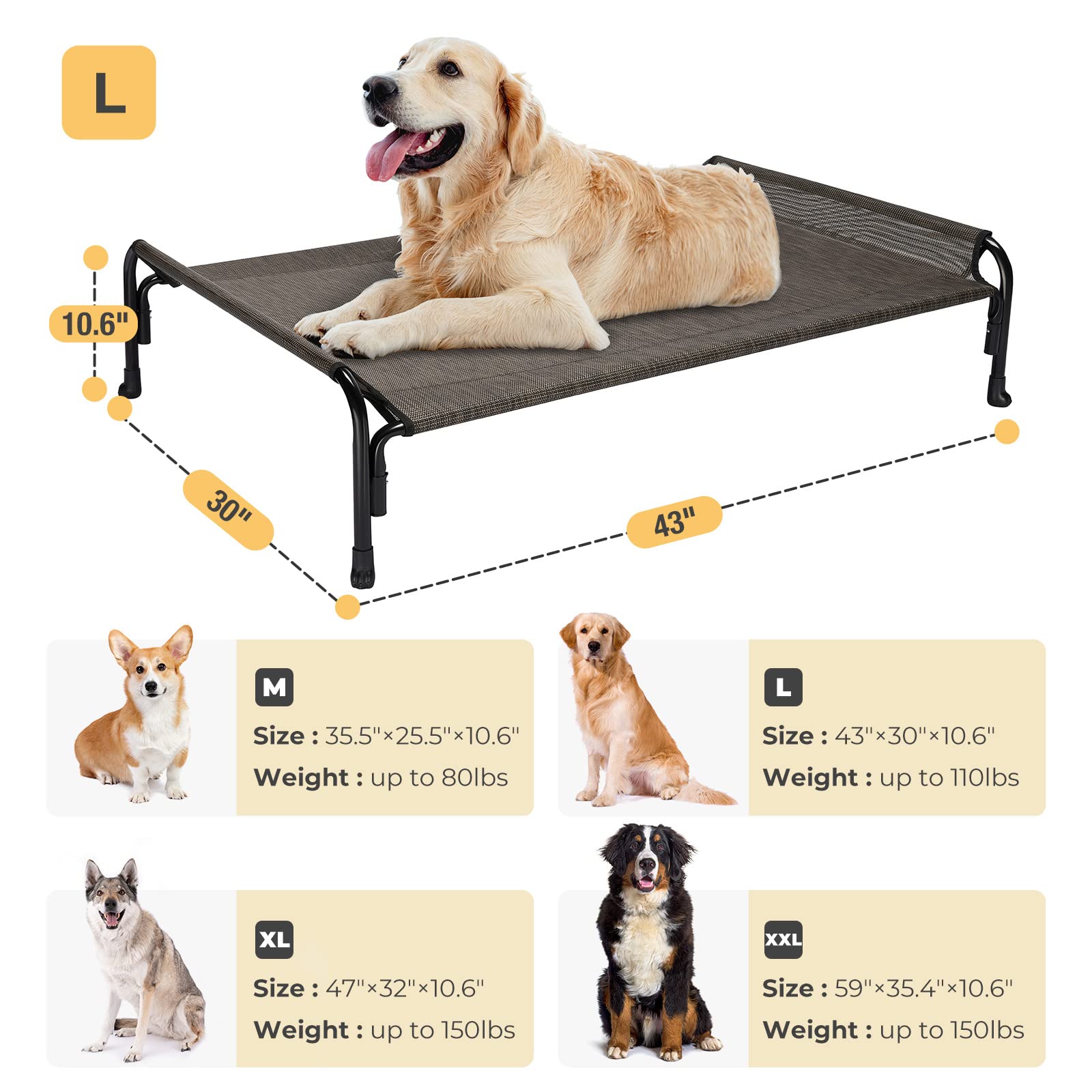 Veehoo Elevated Dog Bed, Outdoor Raised Dog Cots Bed For Large Dogs, Cooling Camping Elevated Pet Bed With Slope Headrest For Indoor And Outdoor, Washable Breathable, Large, Brown, Cwc2204