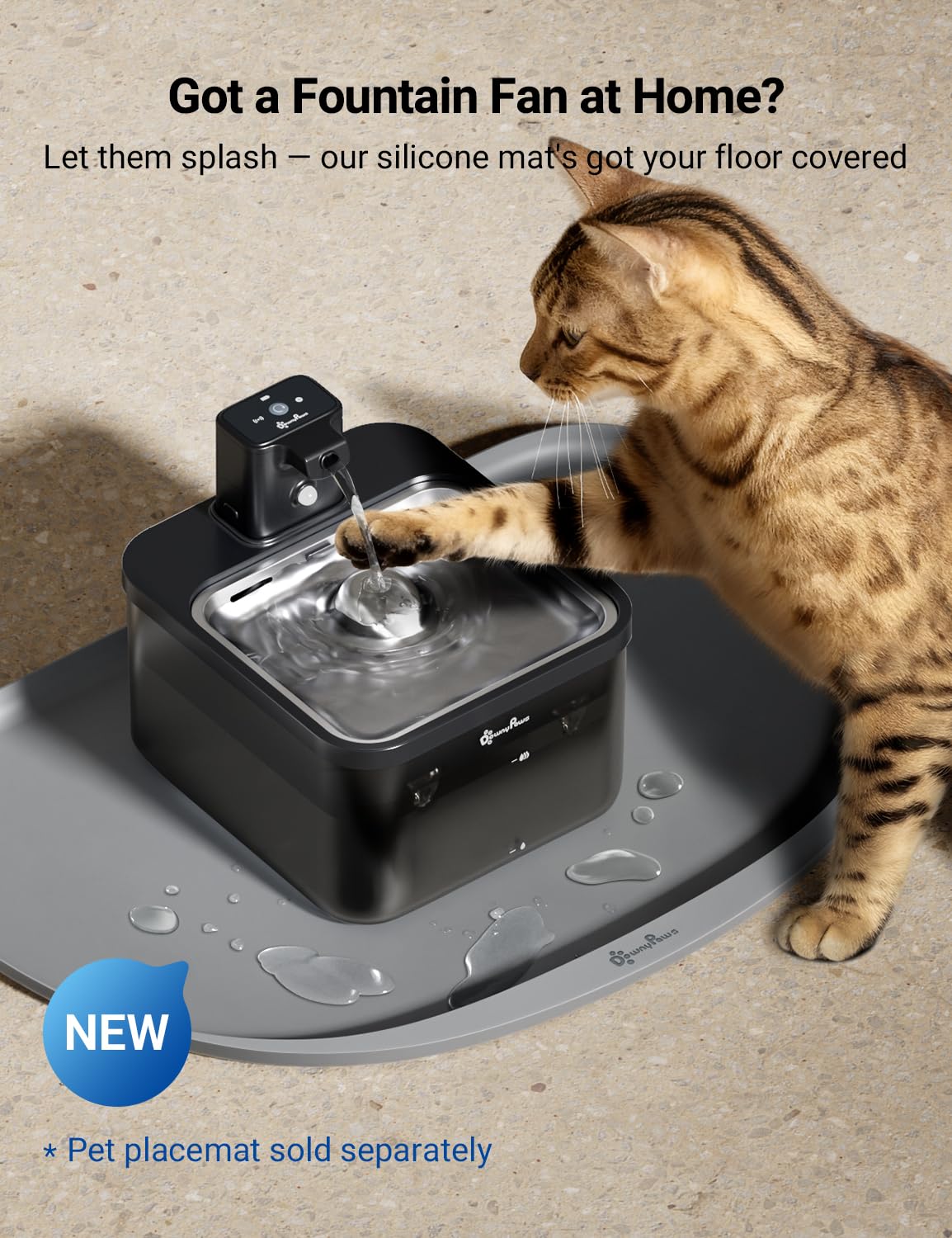 DownyPaws Cat Water Fountain Stainless Steel Cordless, 84oz/2.5L Fursink Wireless Pet Water Fountains for Cats Indoor, Battery O