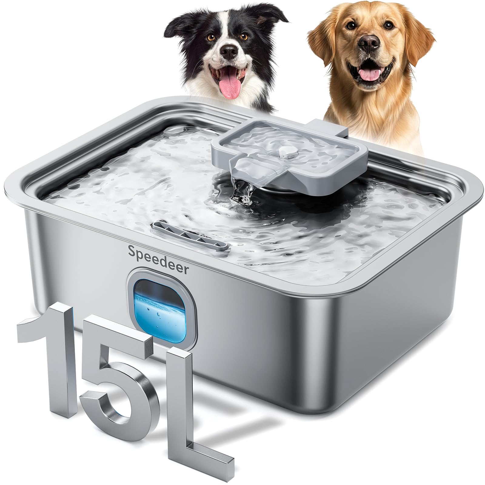4Gal/15L Dog Water Fountain for Large Dogs, Stainless Steel Large Pet Drinking Fountain, Automatic Dog Water Bowl Dispenser with