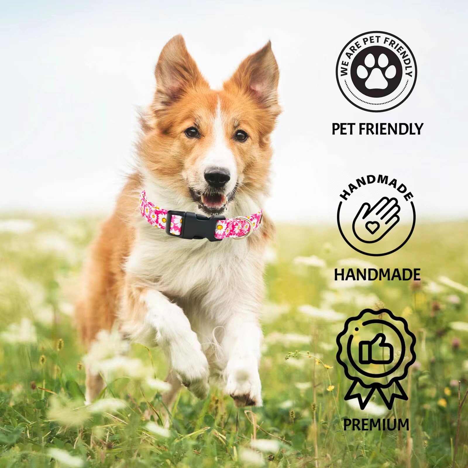 Tunkoo Pink Daisy Dog Collar, Cute Adjustable Premium Cotton Collar Durable Plastic Buckle For Small Medium Large Boys Girls Dog
