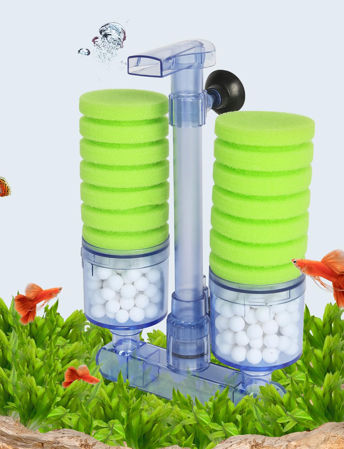 Upettools Aquarium Biochemical Sponge Filter, Ultra Quite Aquarium Air Pump Double Head Bio Sponge Fish Tank Foam Filter