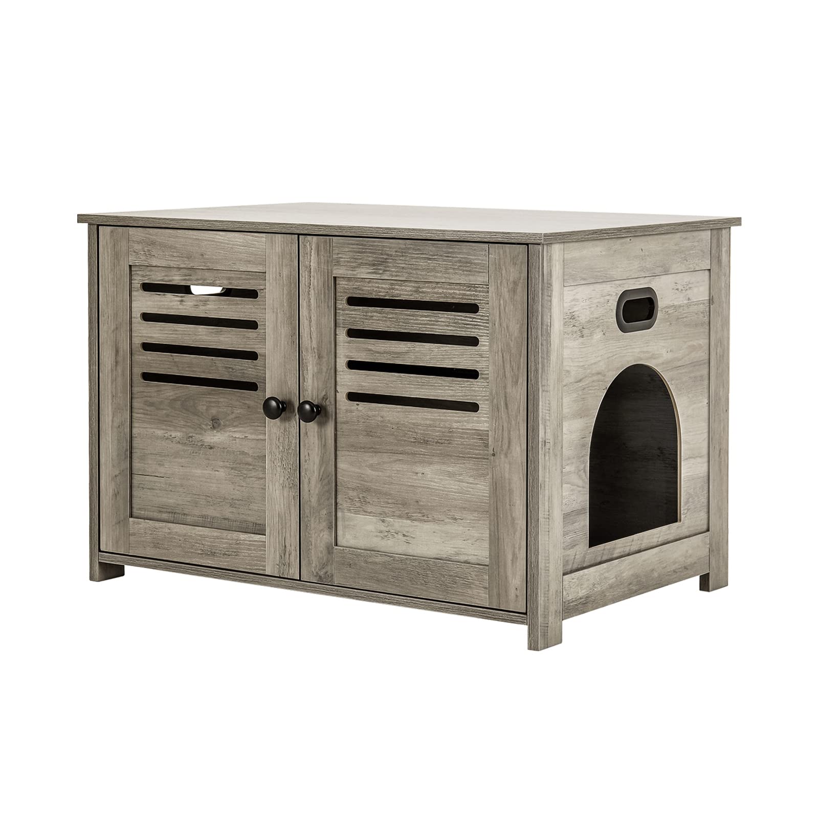 Dinzi Lvj Litter Box Enclosure, Cat Litter House With Louvered Doors, Entrance Can Be On Left Or Right Side, Spacious Hidden Washroom For Most Of Box, Furniture Cabinet, Gray Wash