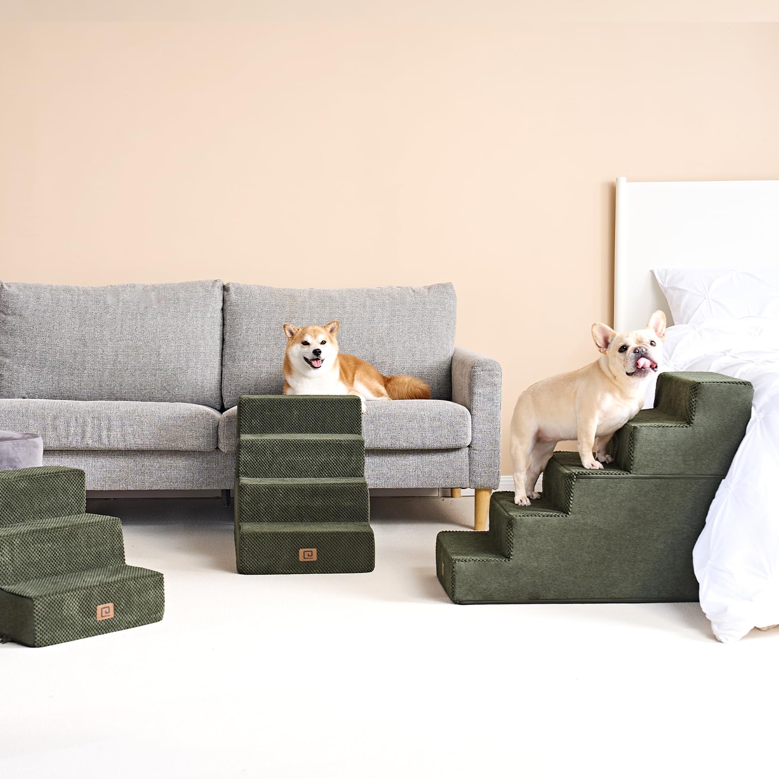 Eheyciga Dog Stairs For High Bed 22.5”H, 5-Step Dog Steps For Bed, Pet Steps For Small Dogs And Cats, Non-Slip Balanced Dog Indoor Ramp, Olive Green