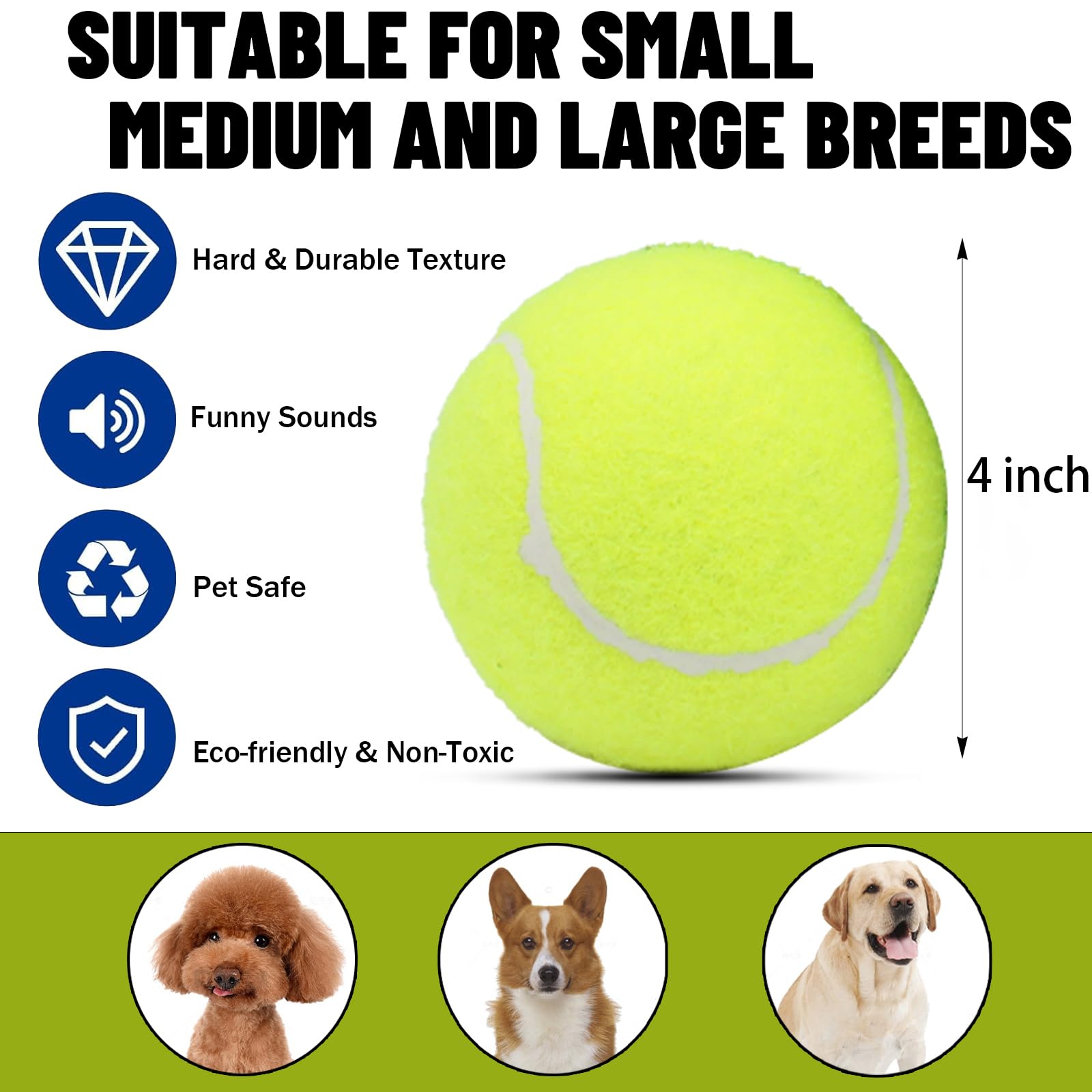 Magicorange Squeaky Tennis Ball Dog Toys 4 Inch Oversize Giant Tennis Ball For Fetch Exercise, Natural Rubber Squeaky Dog Balls