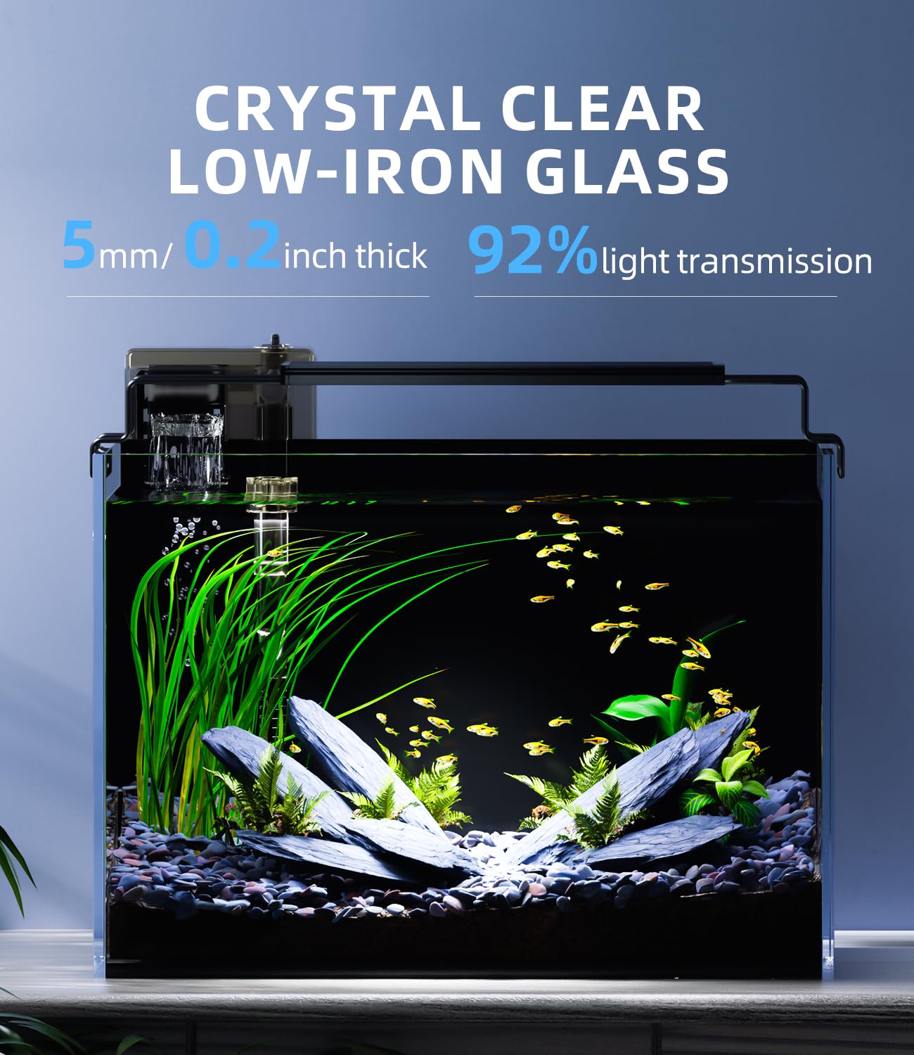 5 Gallon Fish Tank Aquarium Kit with Filter, LED Light with Timer, Siphon Vacuum Cleaner, Lid, Self-Cleaning Glass Rimless Betta