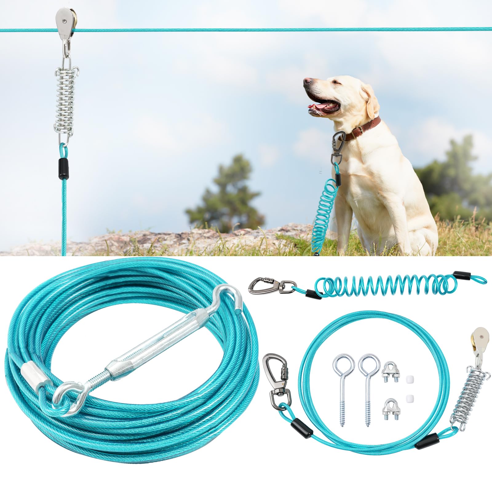 Dog Runner for Yard, Double Shock Absorption Dog Trolley System for Large Dogs, Heavy Duty 75FT Dog Tie Out Run Cable with 10FT 