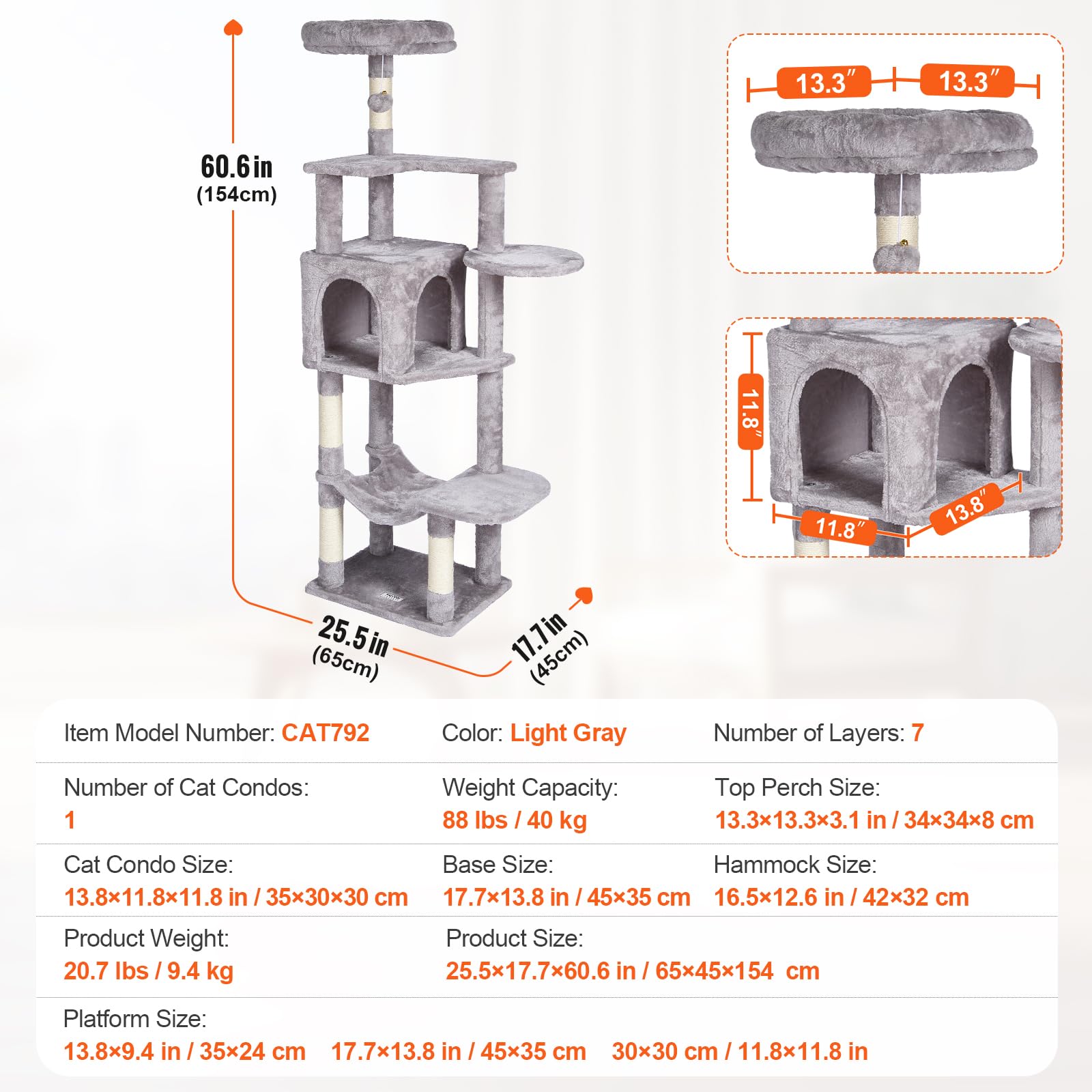 VEVOR Cat Tree 60.6 Cat Tower with Cat Condo Sisal Scratching Post Light Grey