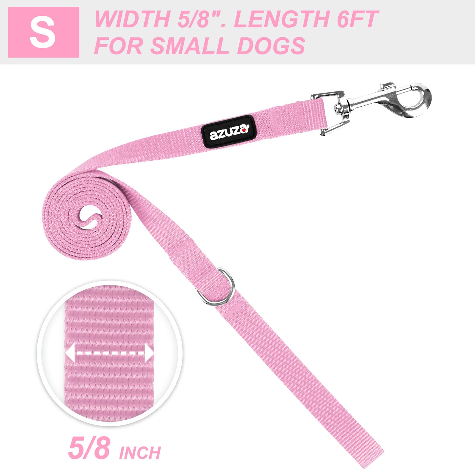 Azuza Nylon Dog Collar And Leash Set, Strong & Durable Basic Style Leash With Easy To Use Collar Hook, Available In Multiple Lengths For Small Dogs, Pink,S