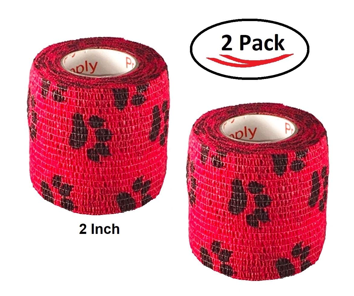 Vet Wrap Wrap Tape (Red with Paw Prints) (2 Pack) (3 Inch x 15 feet) Self Adhesive Adherent Adhering Cohesive Flex Self Stick Ba