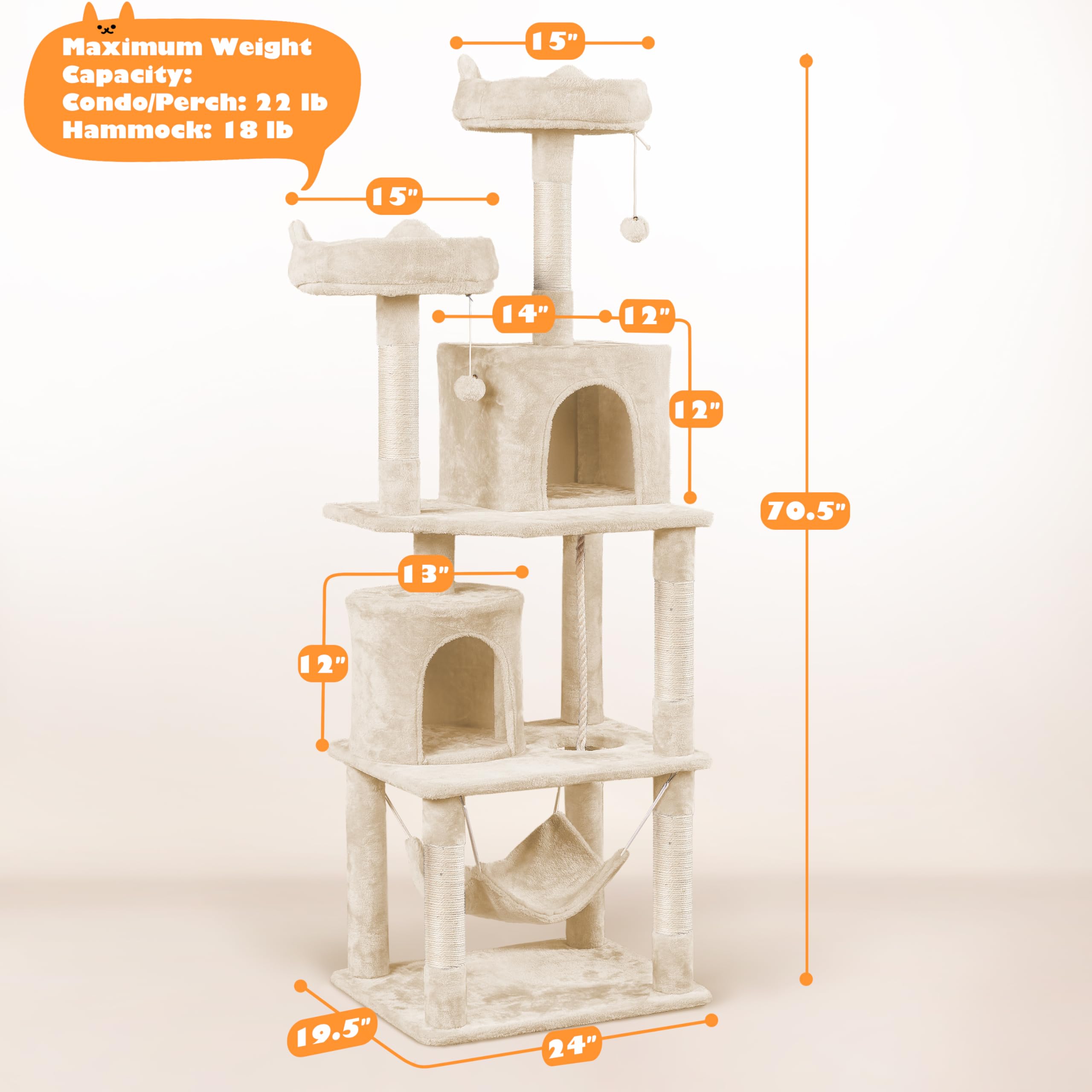 Yaheetech Cat Tower, 70.5In Cat Tree For Indoor Cats, Multi-Level Climbing Tree W/Condo & Plush Perches, Large Cat Play House Sc
