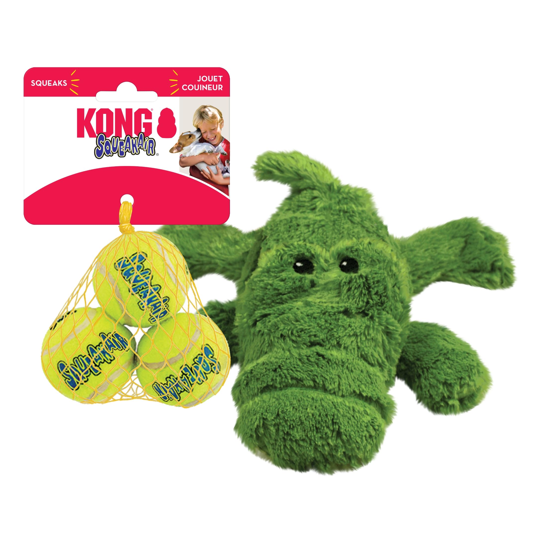 Kong Cozie Ali Alligator & Squeakair Balls (3 Pack) - Dog Fetch & Chew Toys For Fun - Soft Toy Alligator For Indoor Play - Durab