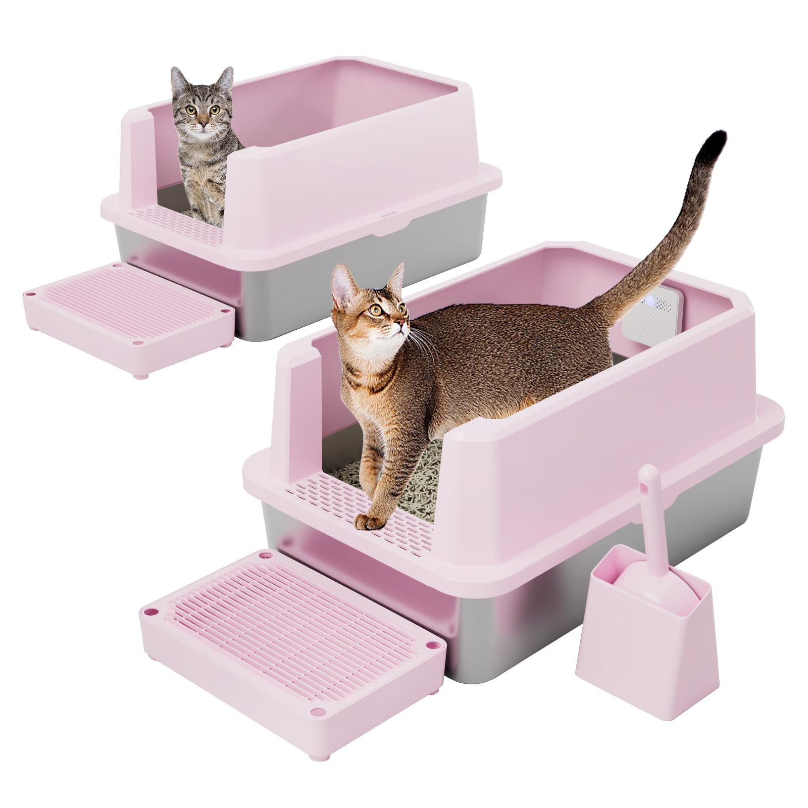 RIZZARI Stainless Steel Litter Box: Large Pink Leakproof Open Tray with Wipe-Clean Design - Odor Control - Teflon Non-Stick - wi