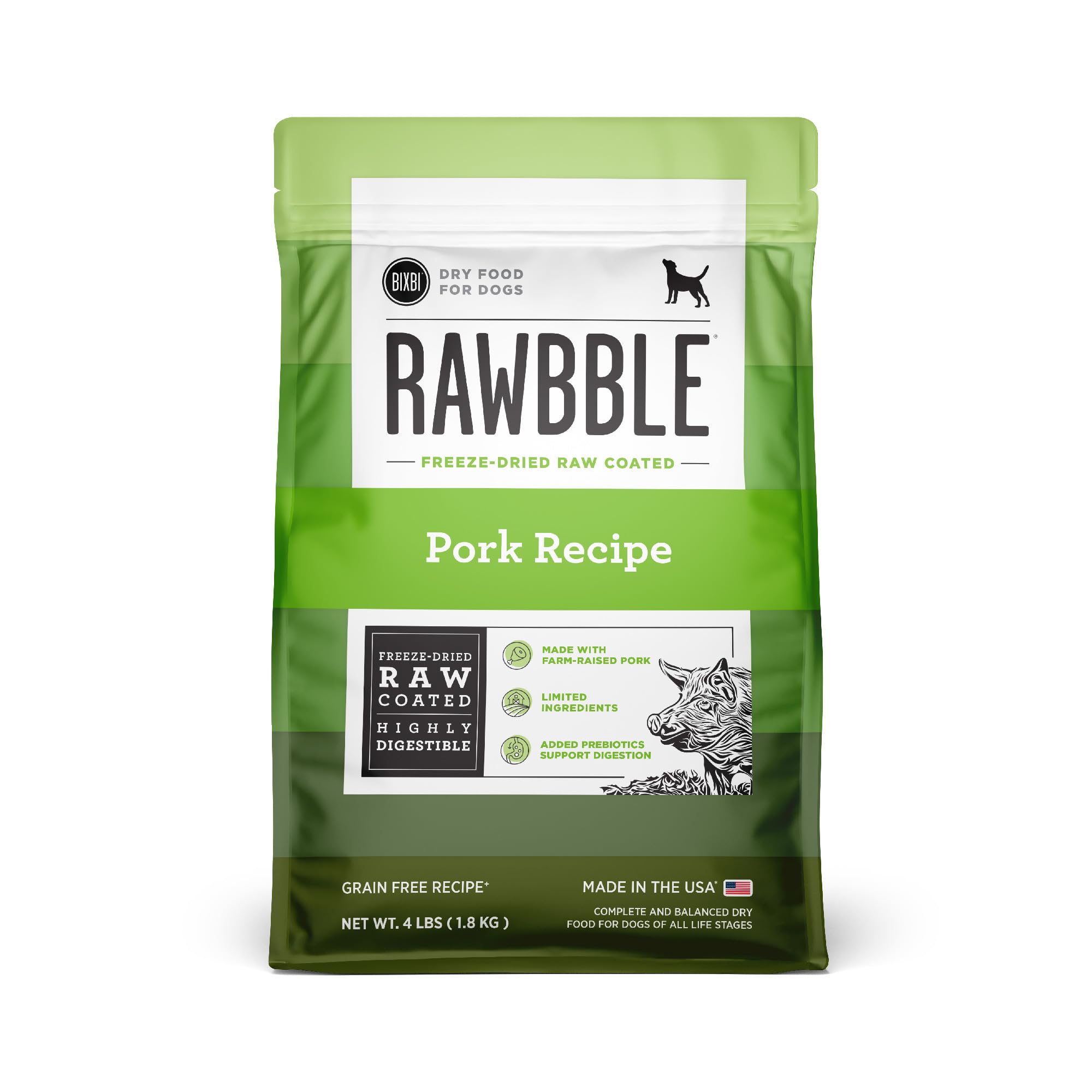 BIXBI Rawbble Dry Dog Food, Pork, 4 lbs - USA Made with Fresh Meat - No Meat Meal & No Corn, Soy or Wheat - Freeze Dried Raw Coa