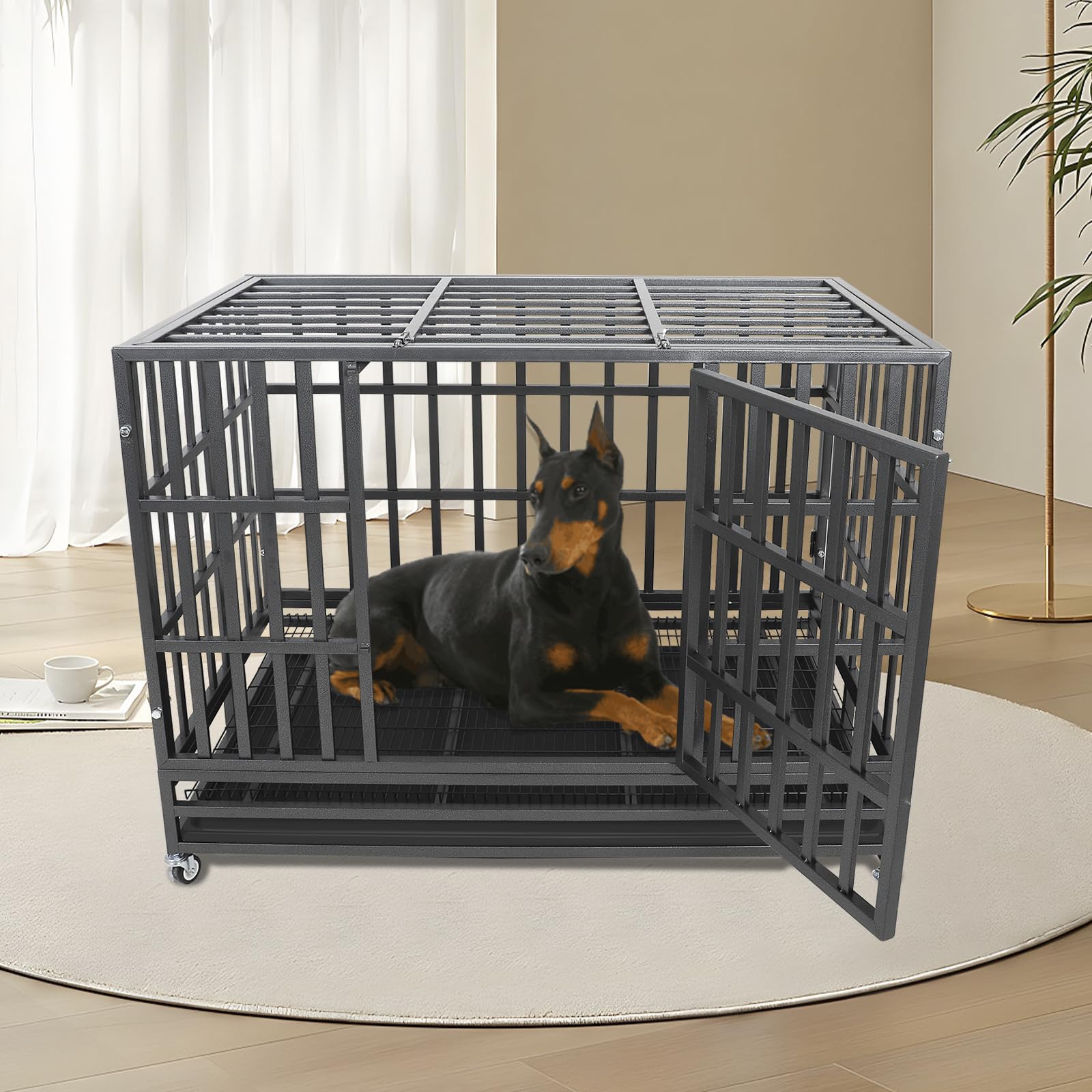 Confote 48 Heavy Duty Dog Crate Cage Kennel Metal Pet Crate Cage Indoor Outdoor Pet Kennel for Large Dogs with Removable Tray, D