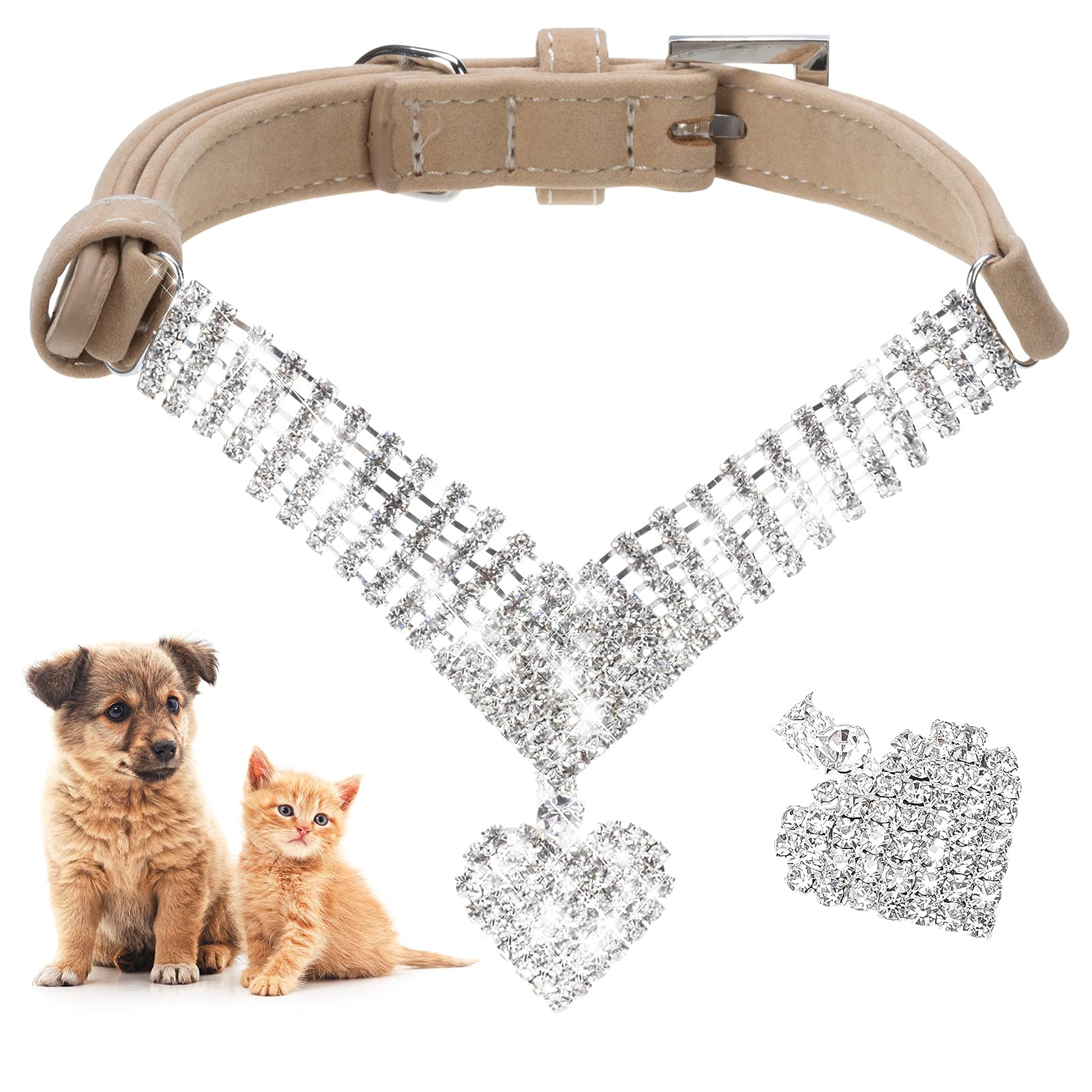 Expawlorer Cute Dog Necklace - Rhinestone Dog Collar, Soft Velvet Collar For Girl Boy Cats Dogs, Sparkling Pet Neck Decoration, Adjustable Pet Collar For Puppies Cats Small Medium Dogs, Brown M