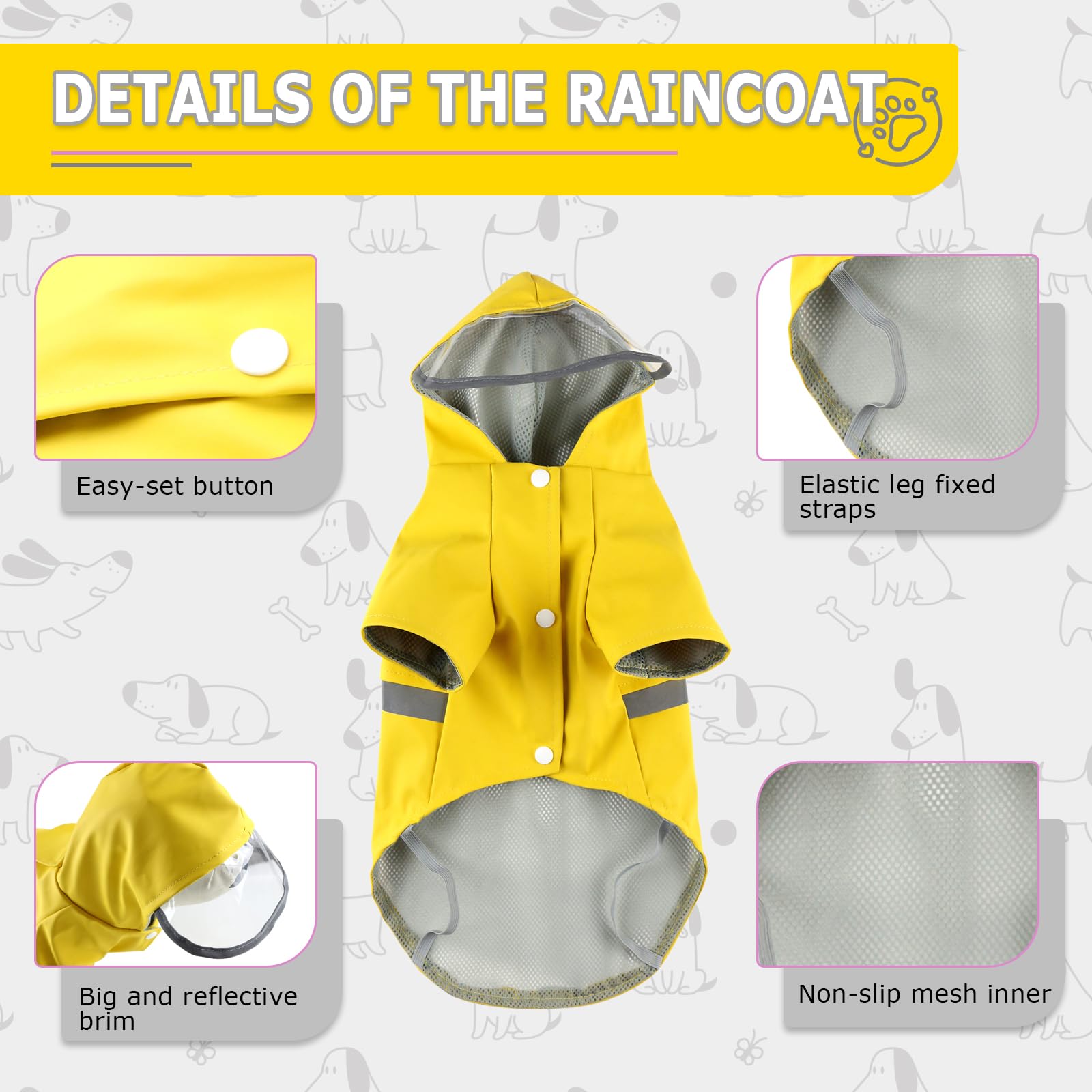 Hi Sprout Dog Raincoat, Dog Rain,Water And Snow Proof Jacket With Hood, Leash Hole And Reflective Strap, Lightweight Puppy Cloth