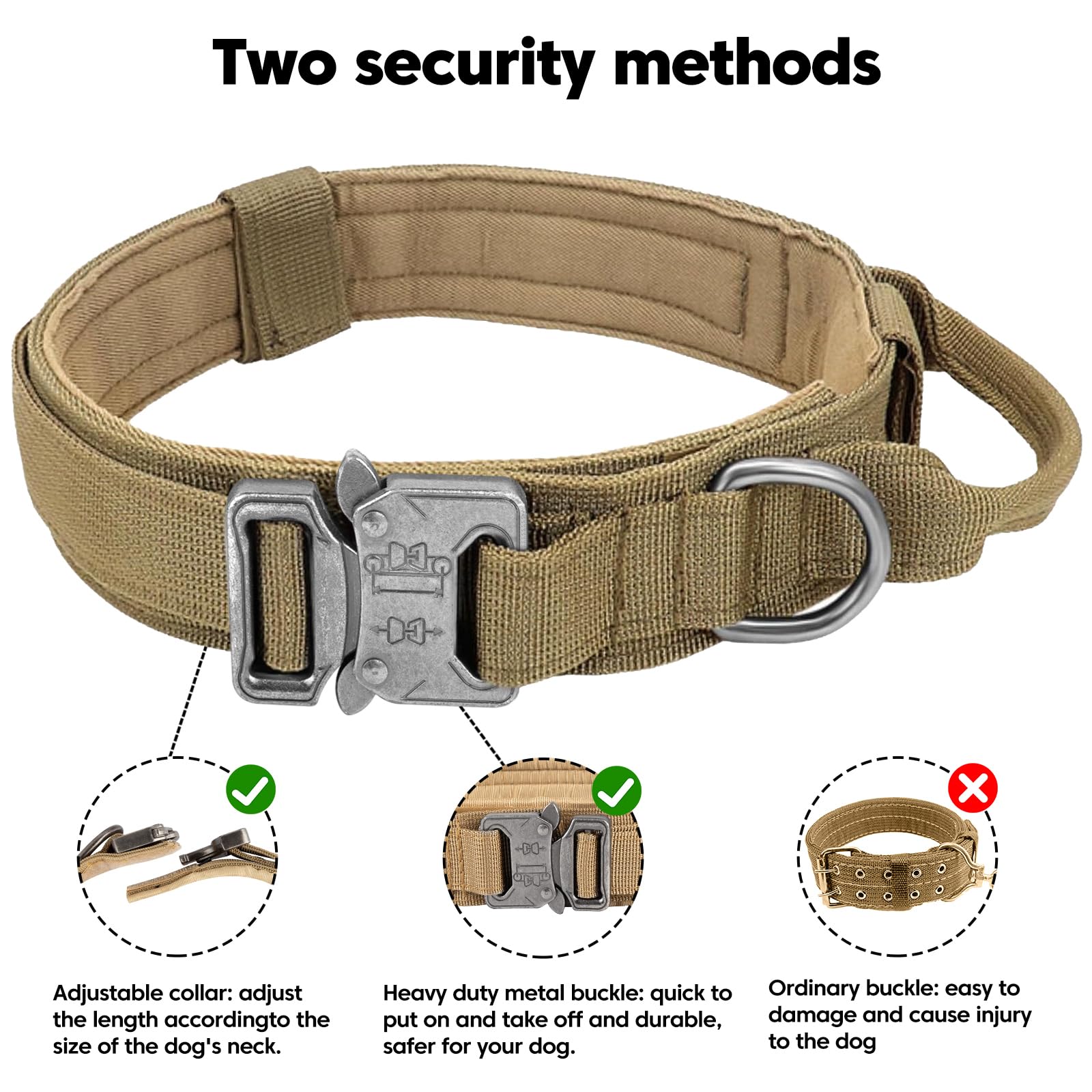 Tactical Adjustable Military Dog Collar - Nylon With Control Handle & Heavy Metal Buckle For Medium & Large Dogs (L, Brown) With