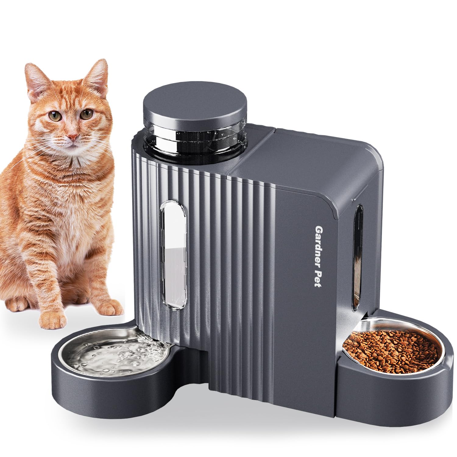 Gardner Pet Automatic Gravity Cat Food Feeder and Water Dispenser Stainless Steel Two-in-One Set Large Capacity Dispenser for Pe