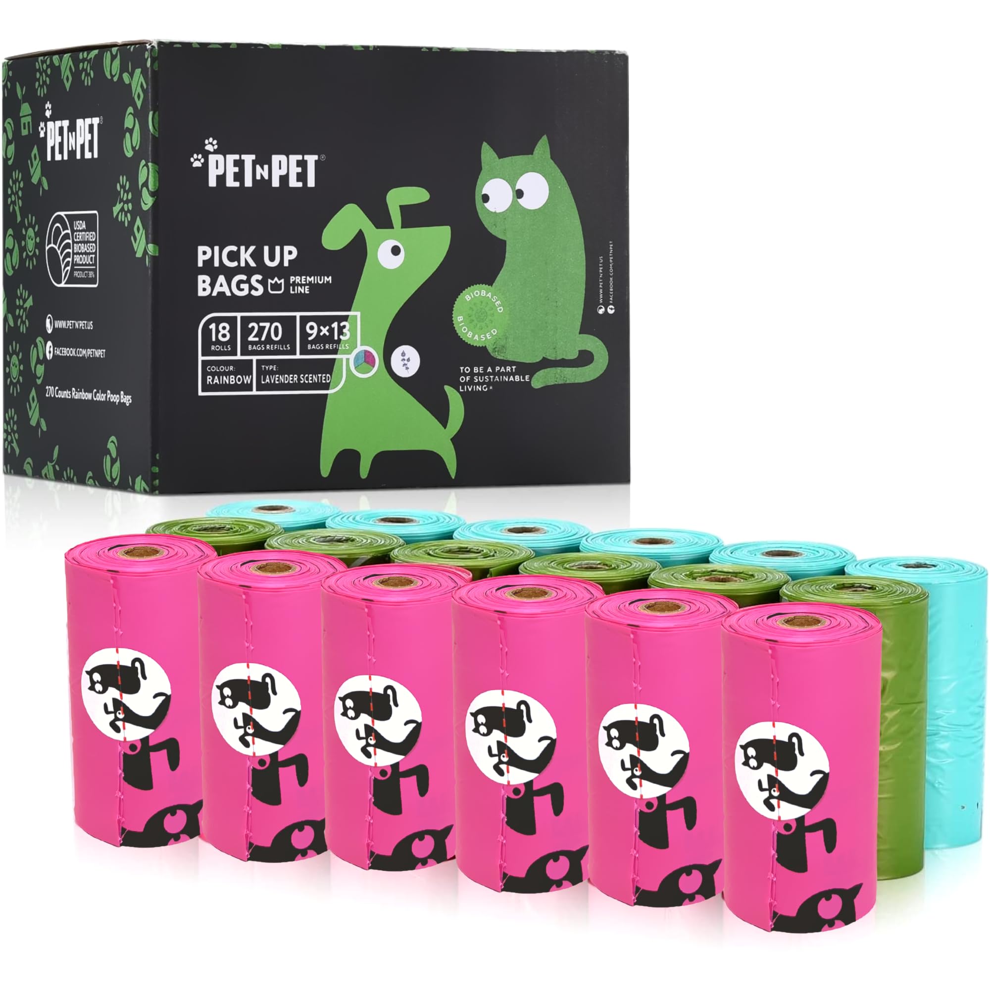 Pet N Pet Lavender Scented Dog Poop Bag Colorful, Doggie Poop Bags Dog Bags 38% Plant Based & 62% Pe 270 Counts, Dog Waste Bags, Dog Poop Bags Refills, Poop Bags Dogs, Doggy Poop Bags