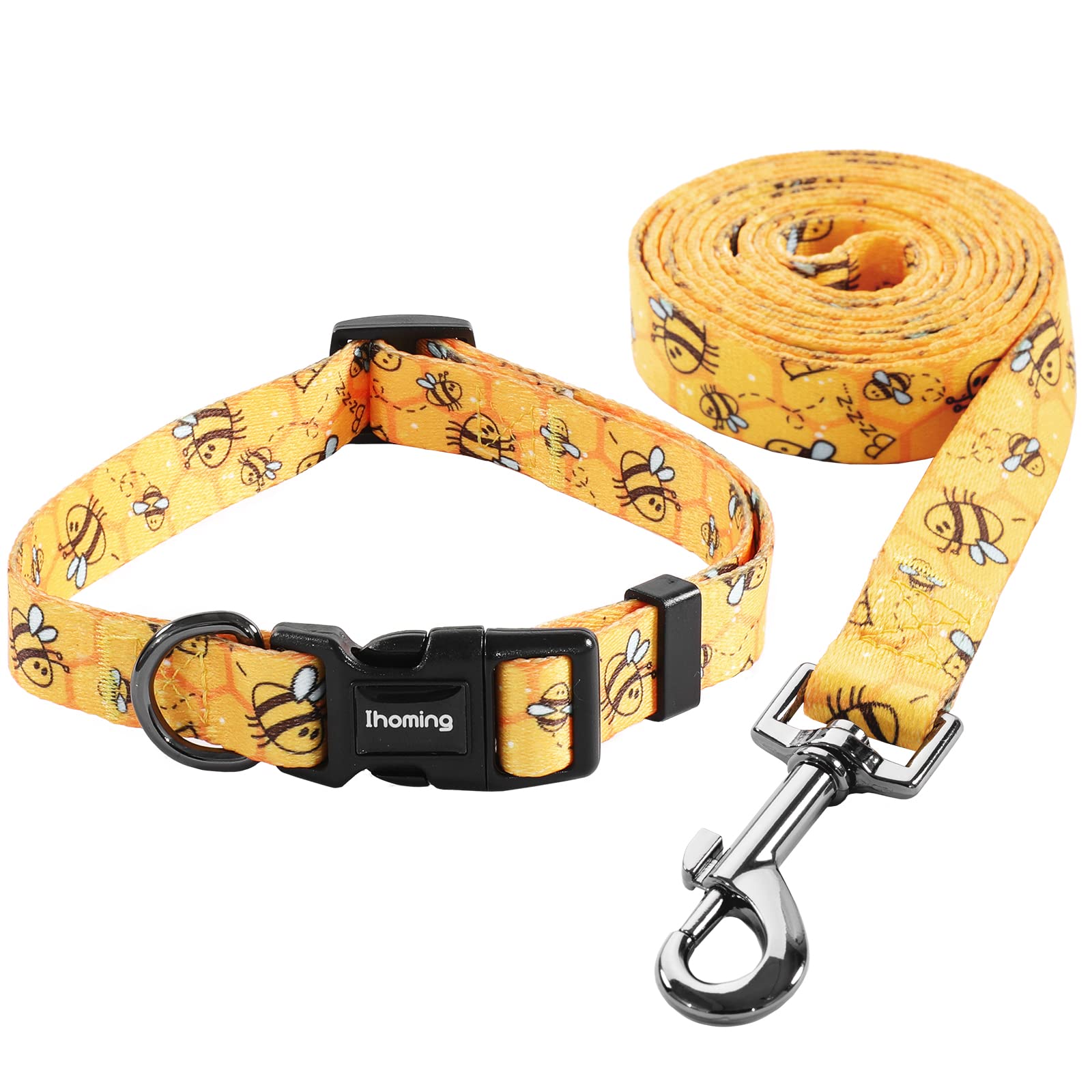 Ihoming Dog Collar And Leash Set For Daily Outdoor Walking Running Training, Bee Design For Medium Boys Girls Dogs Cats Pets, M-Up To 45Lbs