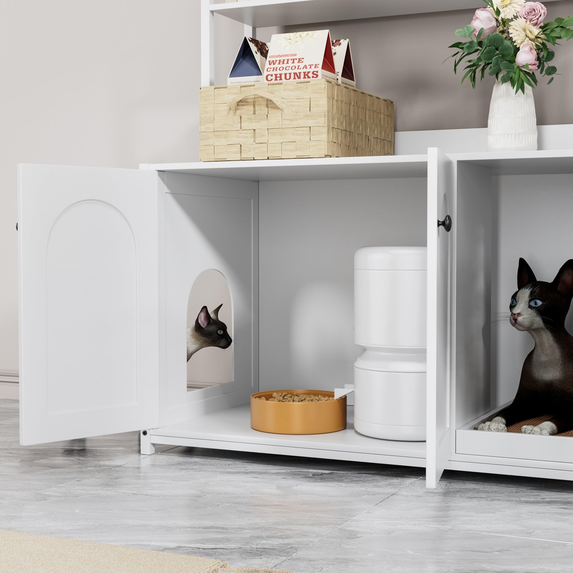 Litter Box Enclosure With 2 Storage Shelves White Hidden Cat Litter Box Furniture With Scratch Pad, Indoor Cat House Kitty Box W