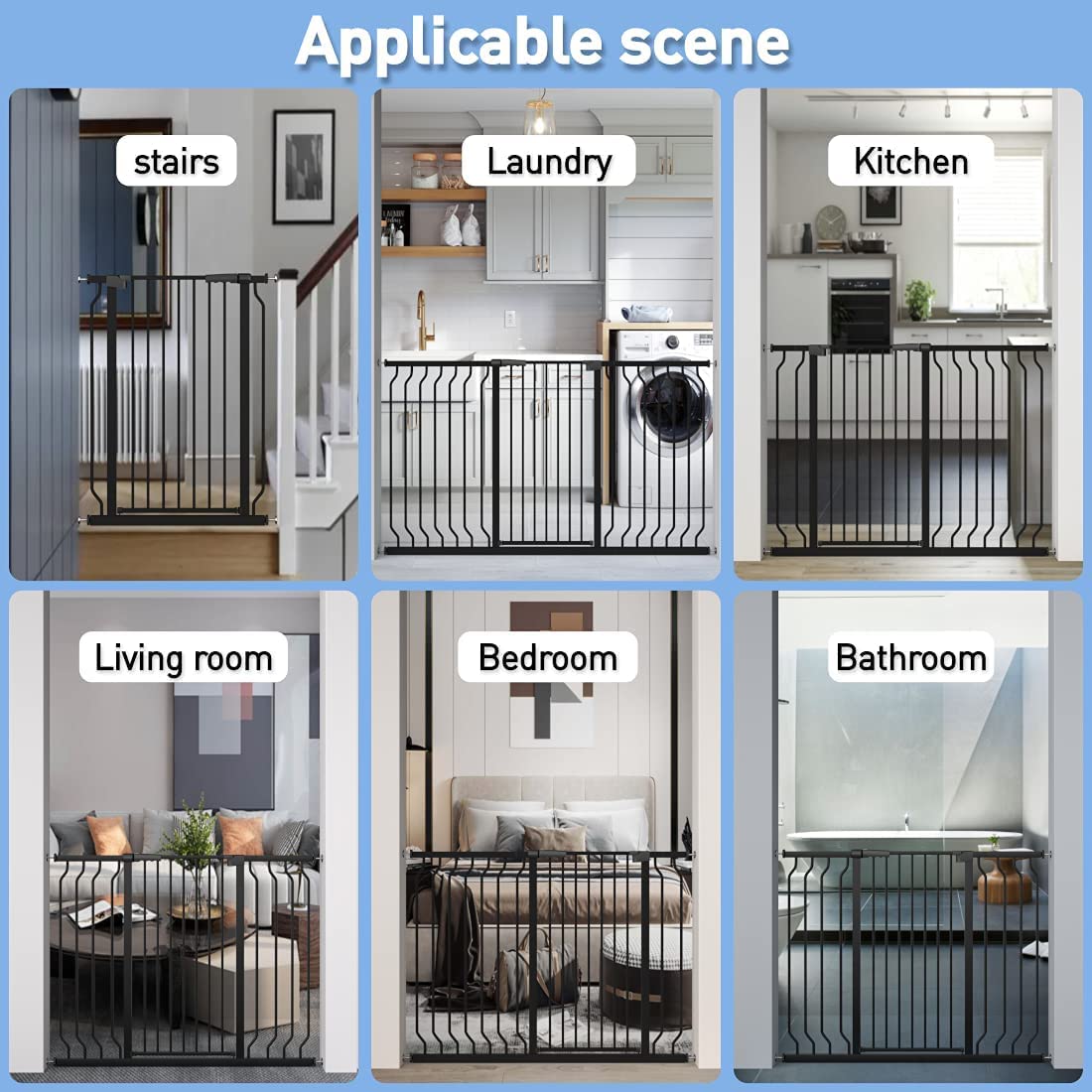 WAOWAO Extra Tall Baby Gate, 40.55" High, 29.92-46.85" Wide, Pressure Mounted, Black Metal, Model WAOWAO046, for Indoor Use
