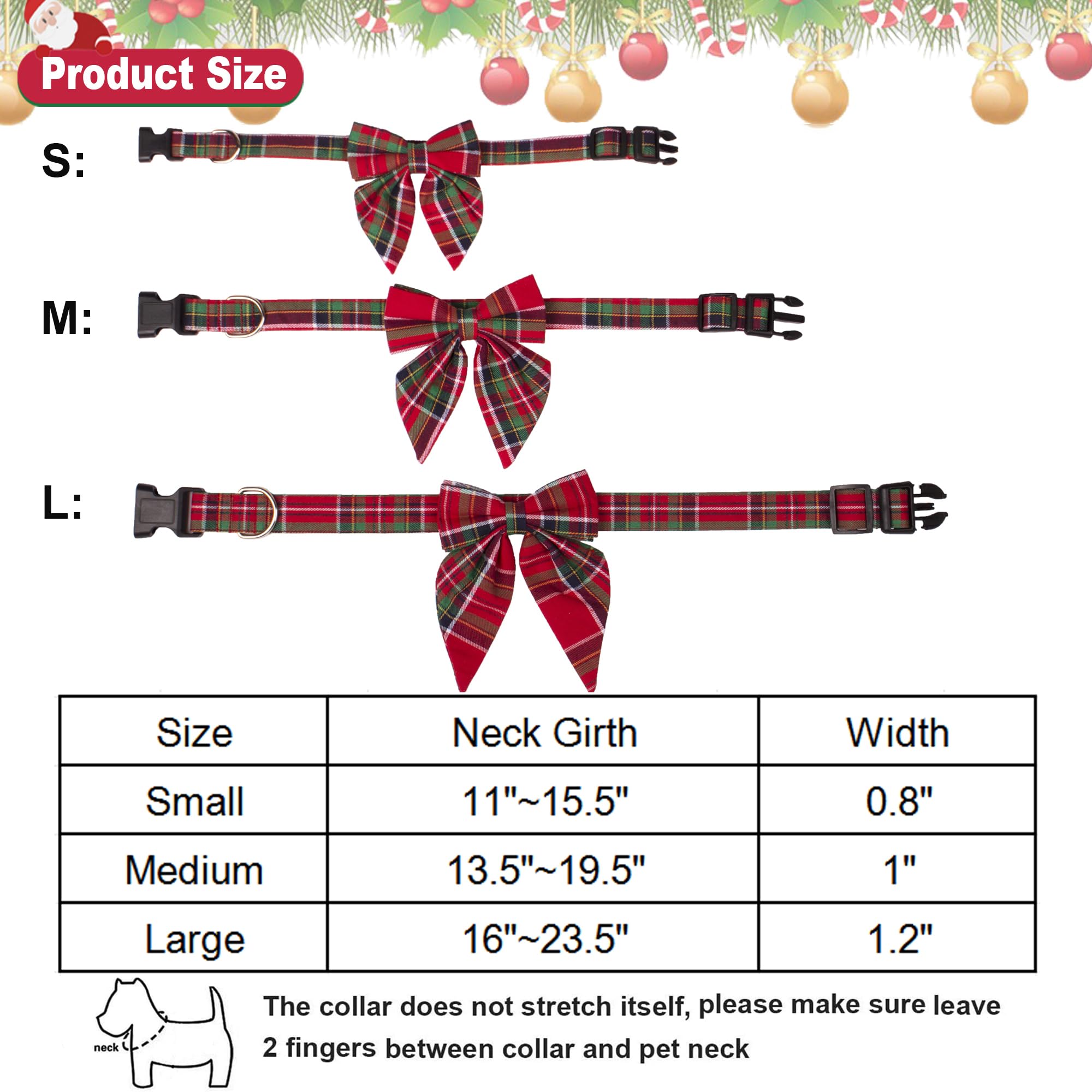 Adoggygo Christmas Dog Collar With Bow, Adjustable Cotton Red Green Plaid Bowtie Dog Christmas Collars For Small Medium Large Dogs Pets (Large, Xmas)