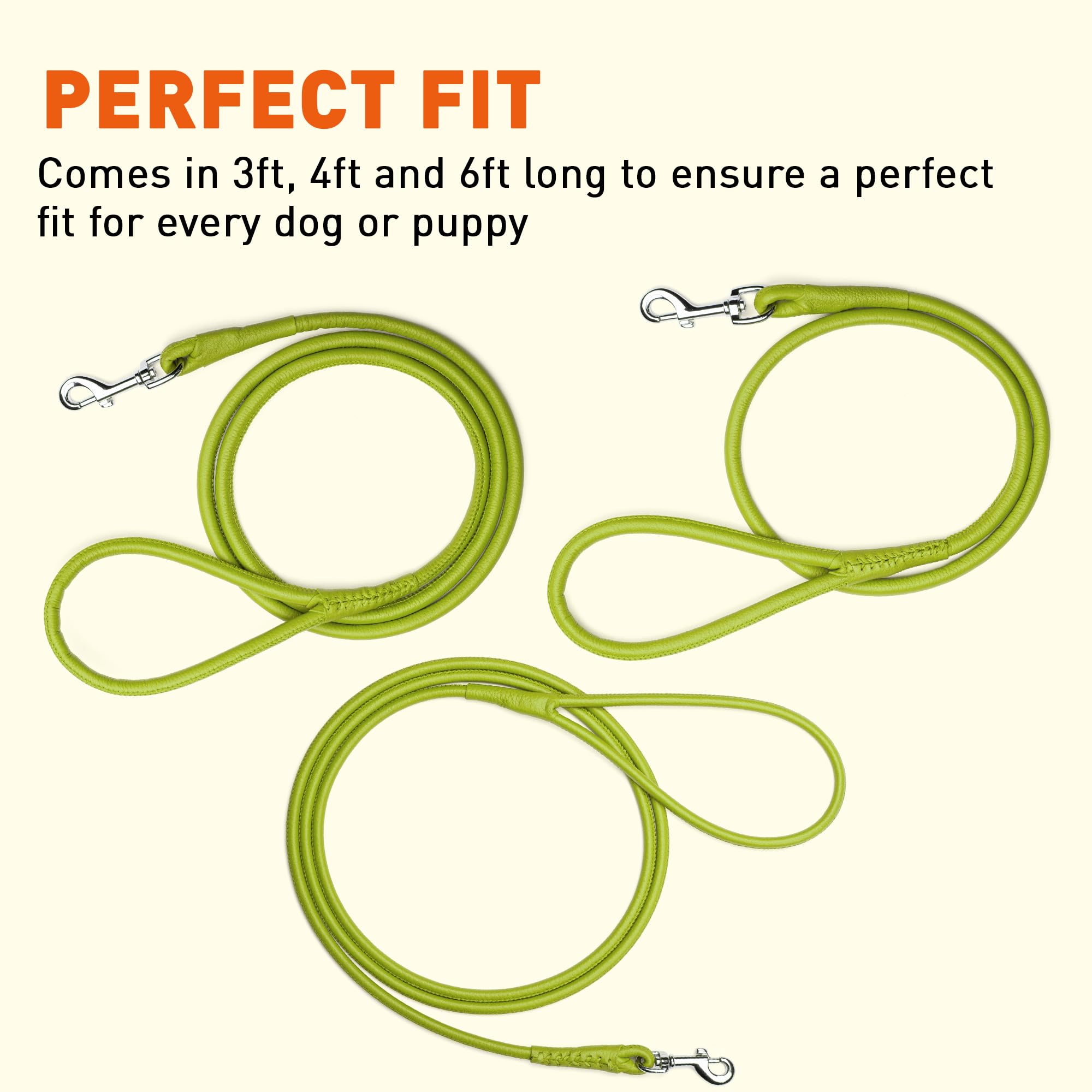 Dogline Soft And Padded Rolled Round Leather Leash For Dogs W3/8' - L72, Lime Green