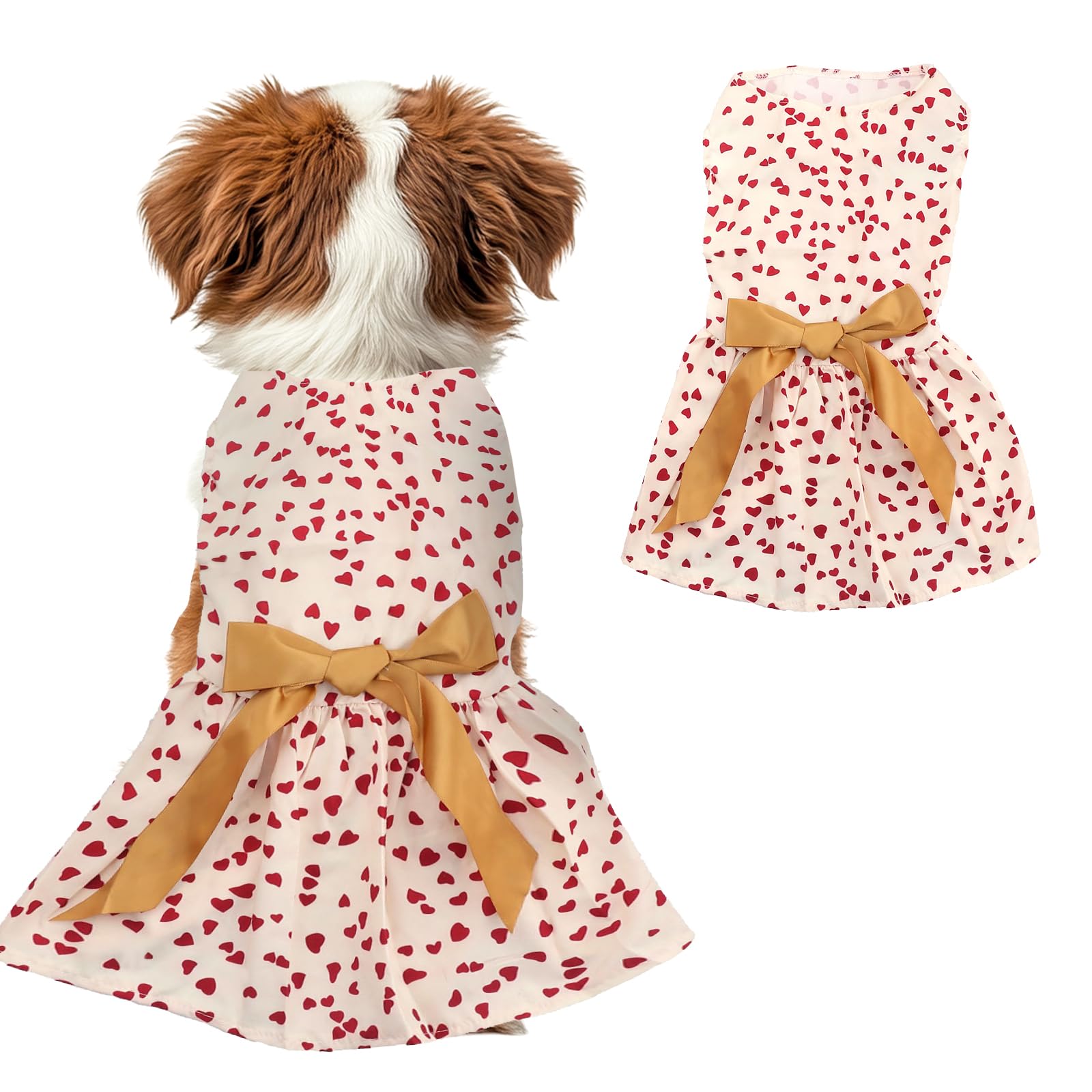 Dog Costume Dress L, Cream White With Red Heart Print Golden Bow, Glitter Heart Pet Outfit For 11-13 Lbs Dogs And Cats, Romantic