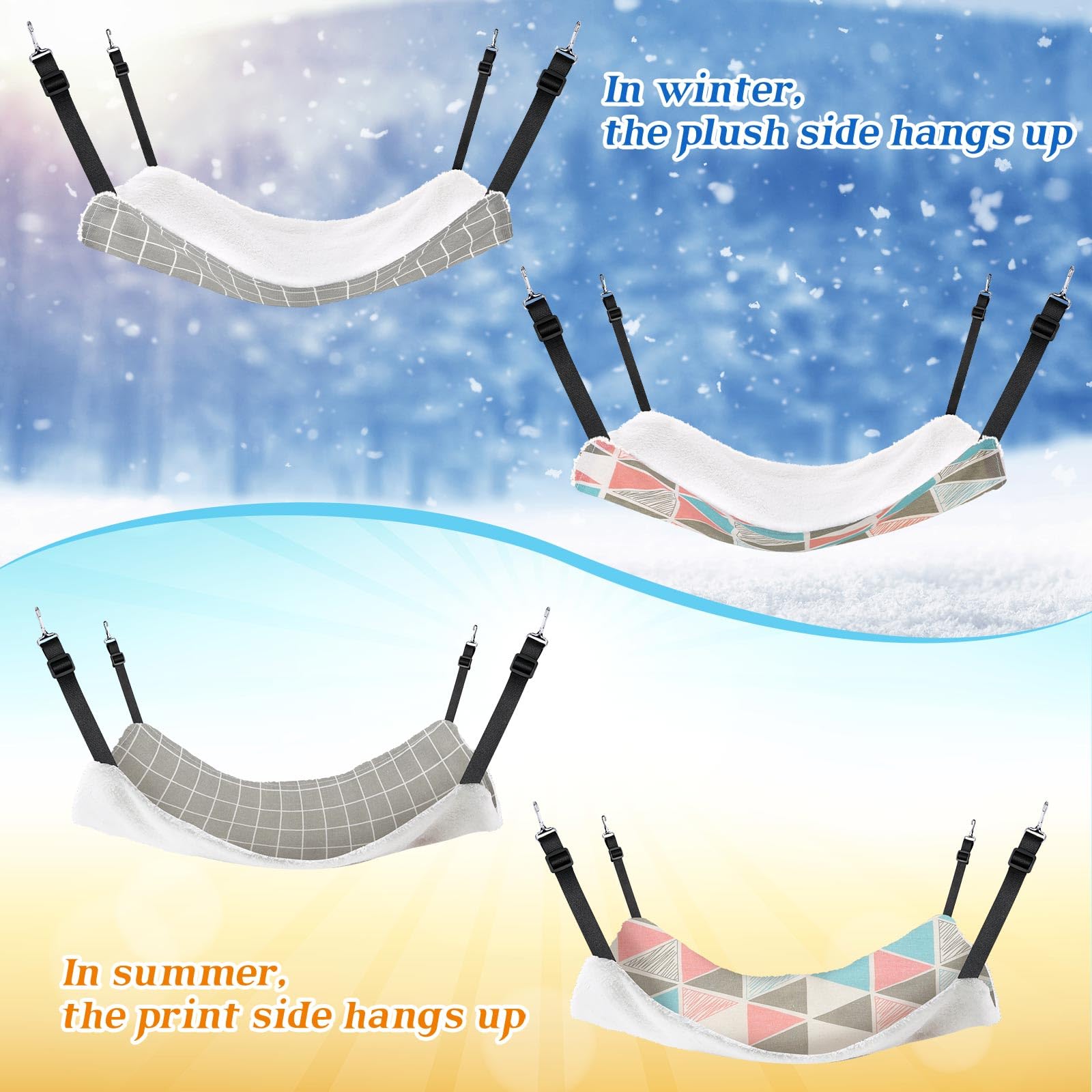 2 Pieces Reversible Cat Hanging Hammock Soft Breathable Pet Cage Hammock With Adjustable Straps And Metal Hooks Double-Sided Hanging Bed For Cats Small Dogs Rabbits (Geometry Pattern, M)