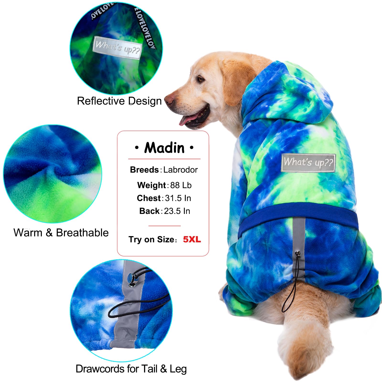 Yeapeeto Dog Hoodies Winter Coat For Large Medium Dogs, Pullover 4 Legs Warm Coat Hooded Sweatshirt, Fleece Hoodie For Cold Weat
