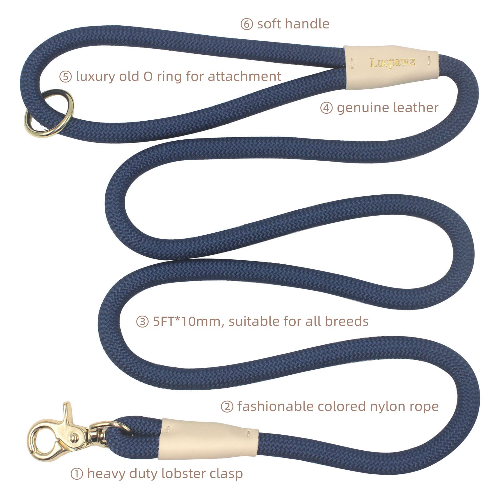 Lucpawz Lobster Snap Pet Leash 5Ft, Special Strong Nylon Rope Dog Leash, Solid Color Rope Dog Lead For All Breed (Navy Blue, 5Ft