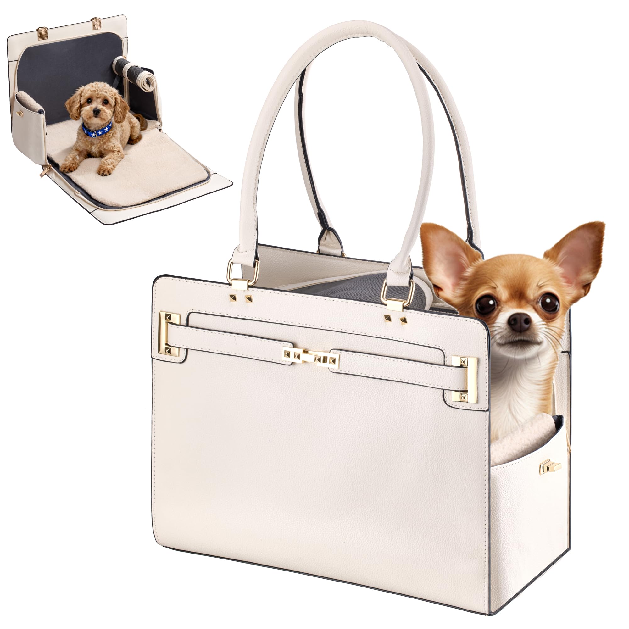 Dog Purse Carrier for Small Dogs, Stylish Foldable Pet Carrier Purse Tote Bag with Washable Cushion & Safety Leash, Airline Appr