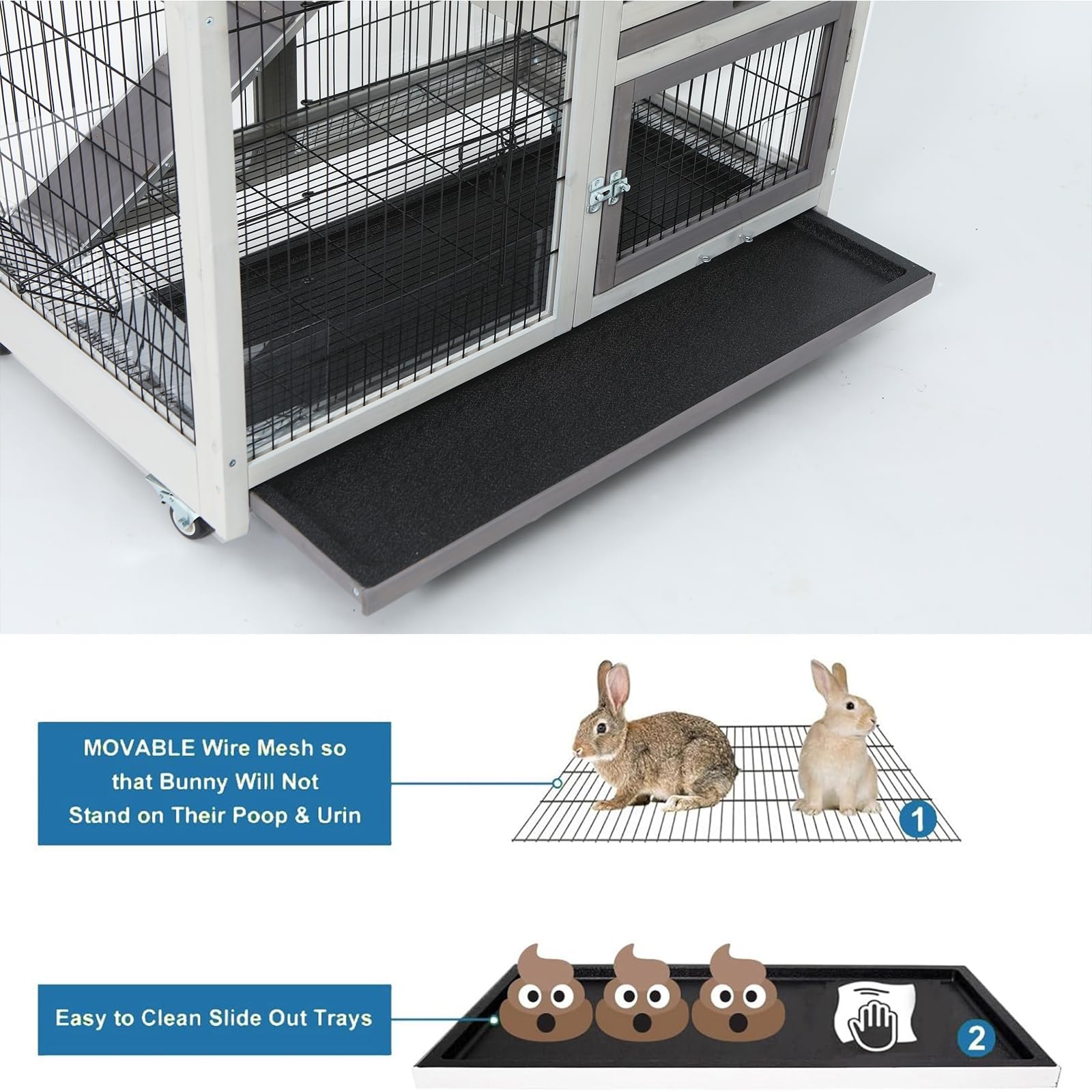 Funxplore Rabbit Hutch Indoor 2 Storey Bunny Cage Outdoor Mobile Guinea Pig Cage Urine Baffles Bottom Wire Floor 2 Trays Metal F