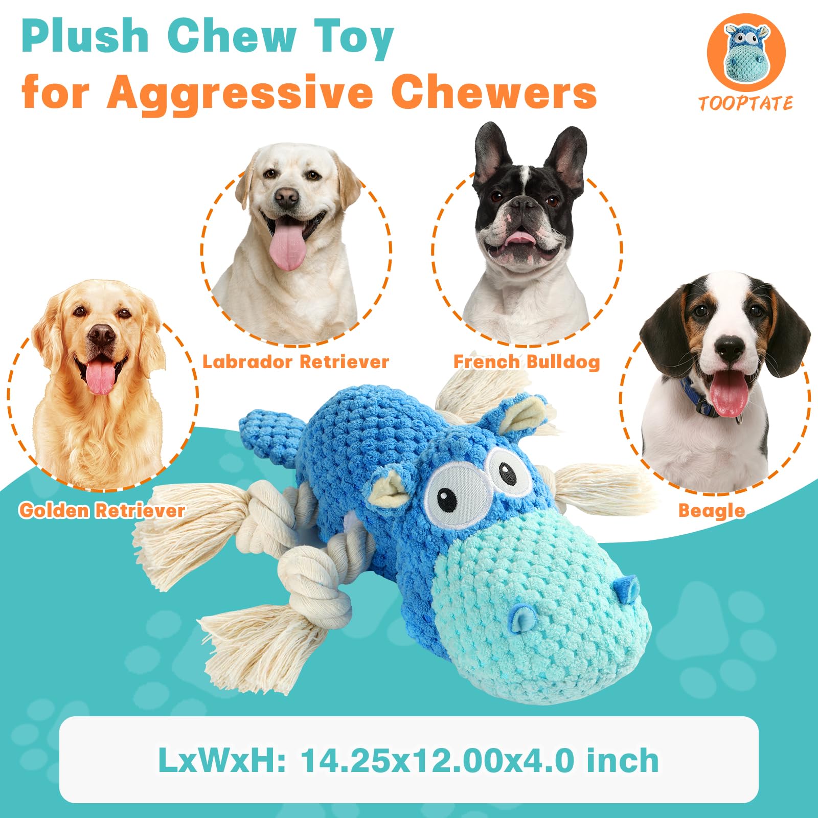 Tooptate Squeaky Dog Toys - Plush Stuffed Animal Dog Toys For Large, Medium, Small Dogs To Keep Them Busy (Blue, Large)
