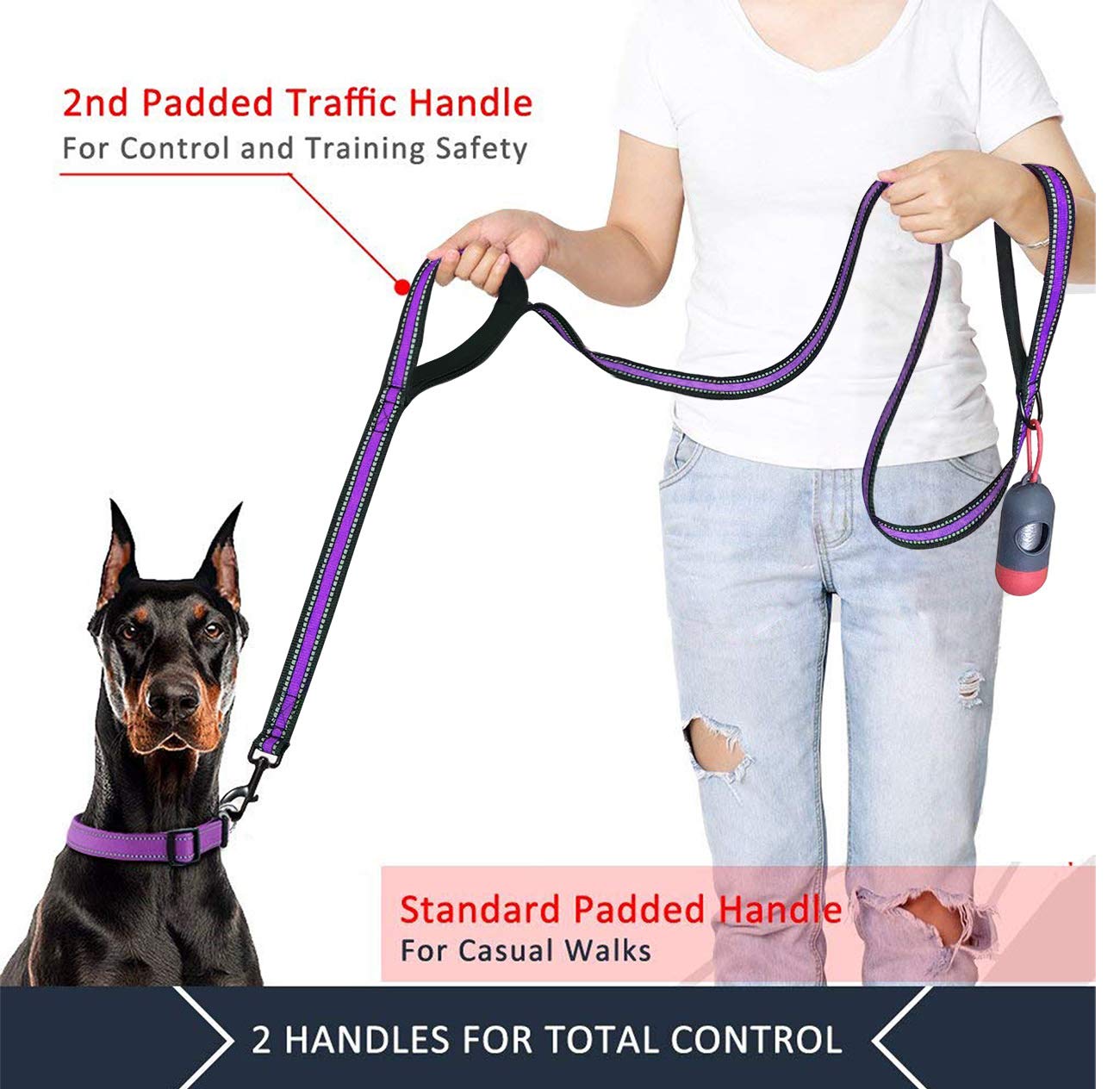 Jsxd Heavy Duty Double Handle Dog Leash - 5 Ft With Comfortable Padded And Reflective Rope, For Small To Large Dogs (Wide-Purple