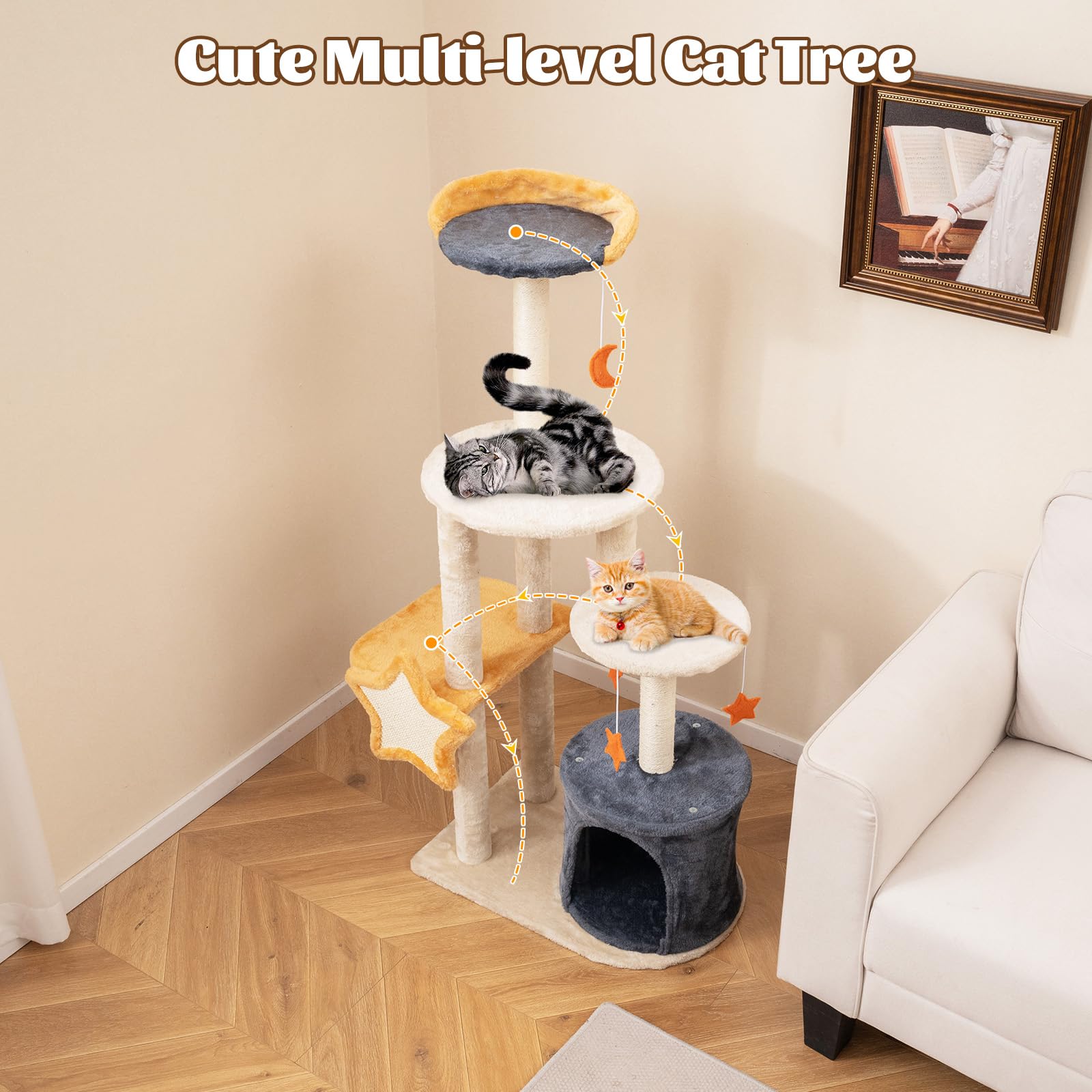 Tangkula Cat Tree Tower, 50 Inch Multi-Level Cat Tower With Cat Condo, Sisal Scratching Posts & Board, Plush Top Perch & Platfor