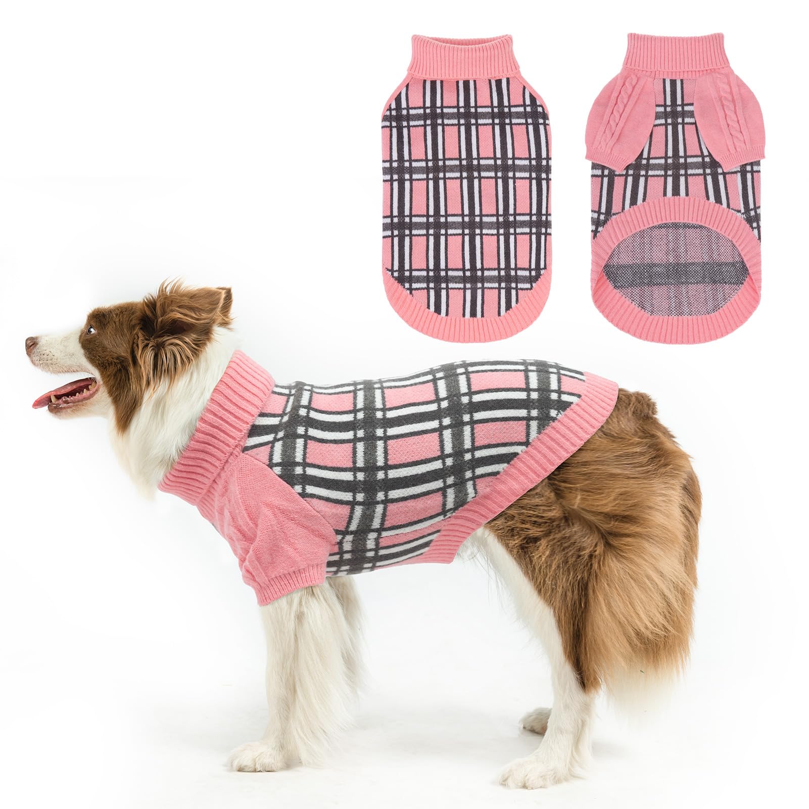 Scenereal Medium/Large Dog Pullover Sweater,Cable Knitwear Dog Sweatershirt, Big Plaid Turtleneck Thick Warm Dog Clothes For M L