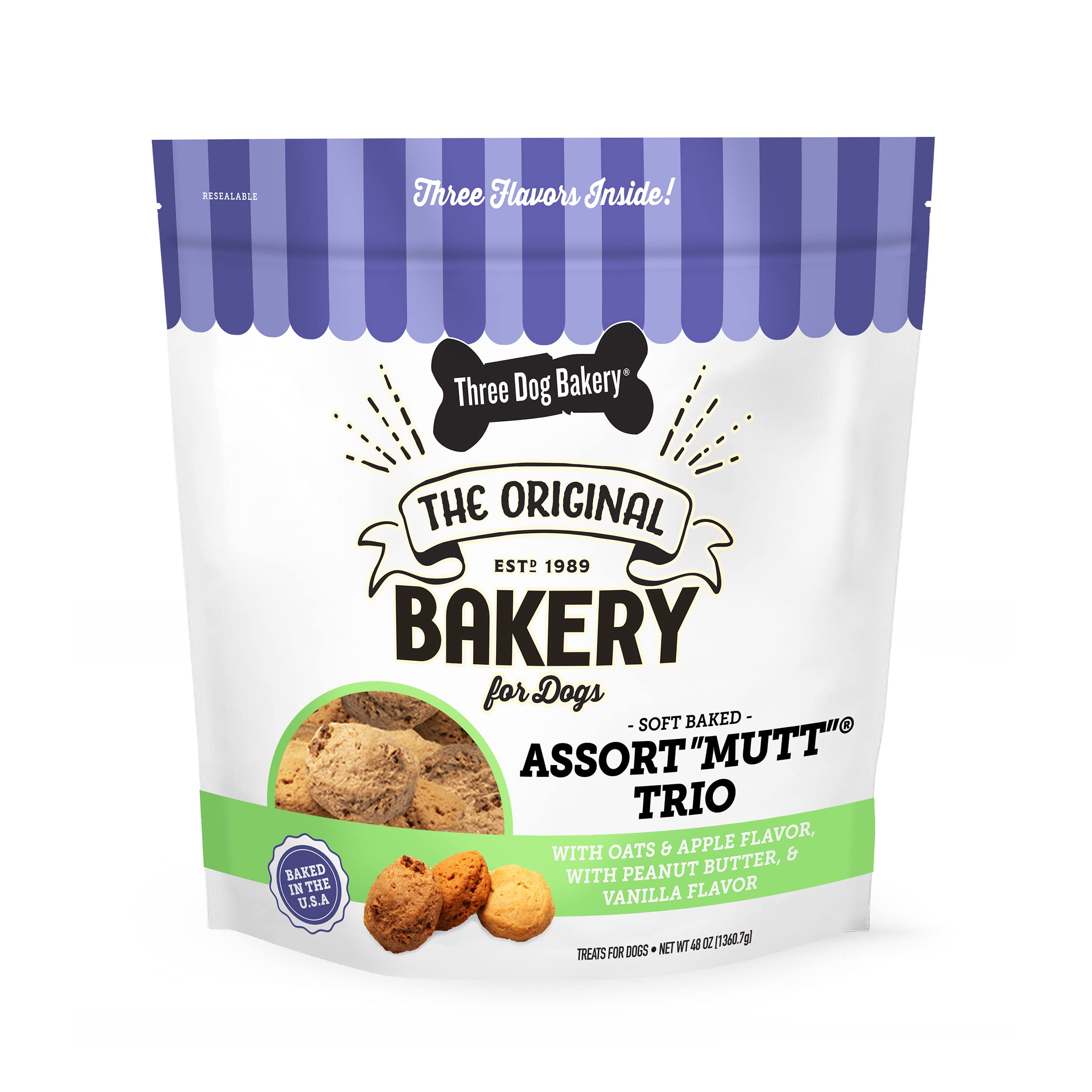 Three Dog Bakery AssortMutt Trio, 48oz - Delicious Dog Treats With Oats, Apple, Peanut Butter & Vanilla, Premium Dog Training Tr
