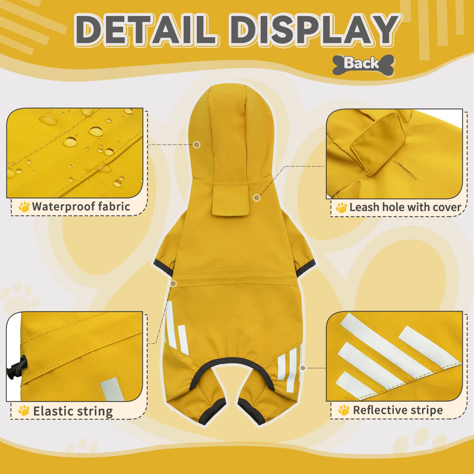 Dog Raincoat, Waterproof Dog Rain Jacket with Hood, Dog Rain Coat with Leash Hole, Reflective Strap for Small Medium Dogs, Light