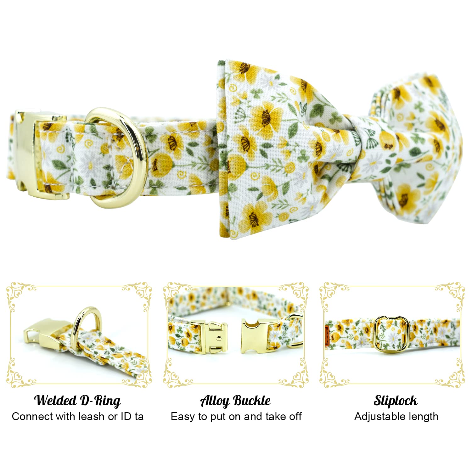 Tunkoo Dog Collar Floral With Elegant Bow Tie Soft Comfy Cotton Adjustable Collar, Premium Metal Buckle For Puppy And Cat Small Medium Large(Daisy Flowers,S)