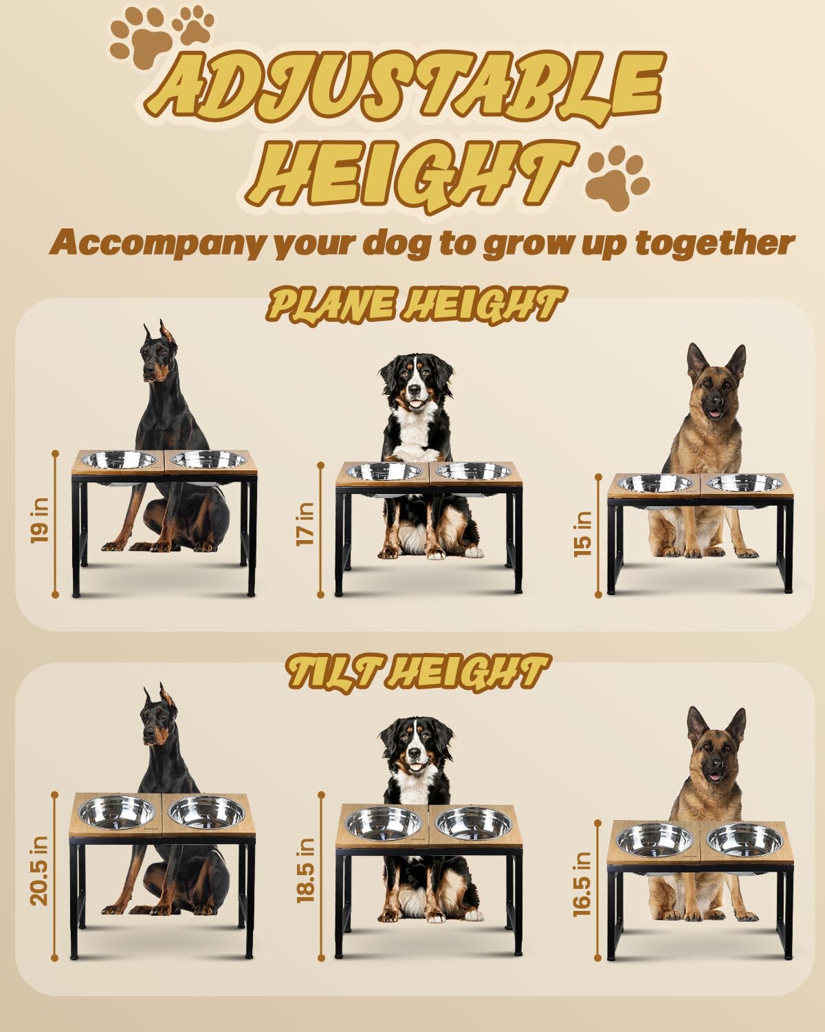 Jovrun Elevated Dog Bowls Large Breed, 15''-20.5'' H 4500Ml Raised Dog Bowls For Large Extra Large Dogs, Bamboo Bowl Elevated Wi