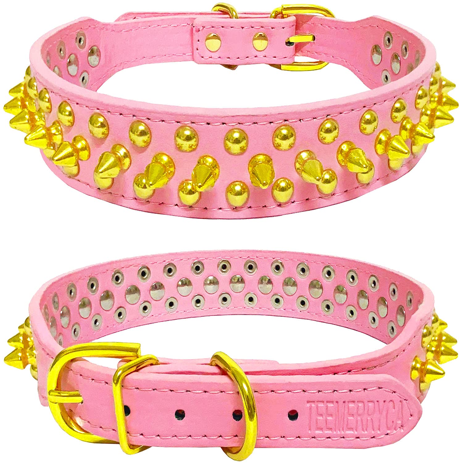 Teemerryca Pink Leather Gold Spiked Studded Dog Collar For Female Puppy Small Medium Large Pets, Pit Bulls Bulldog, Keep Dog Saf