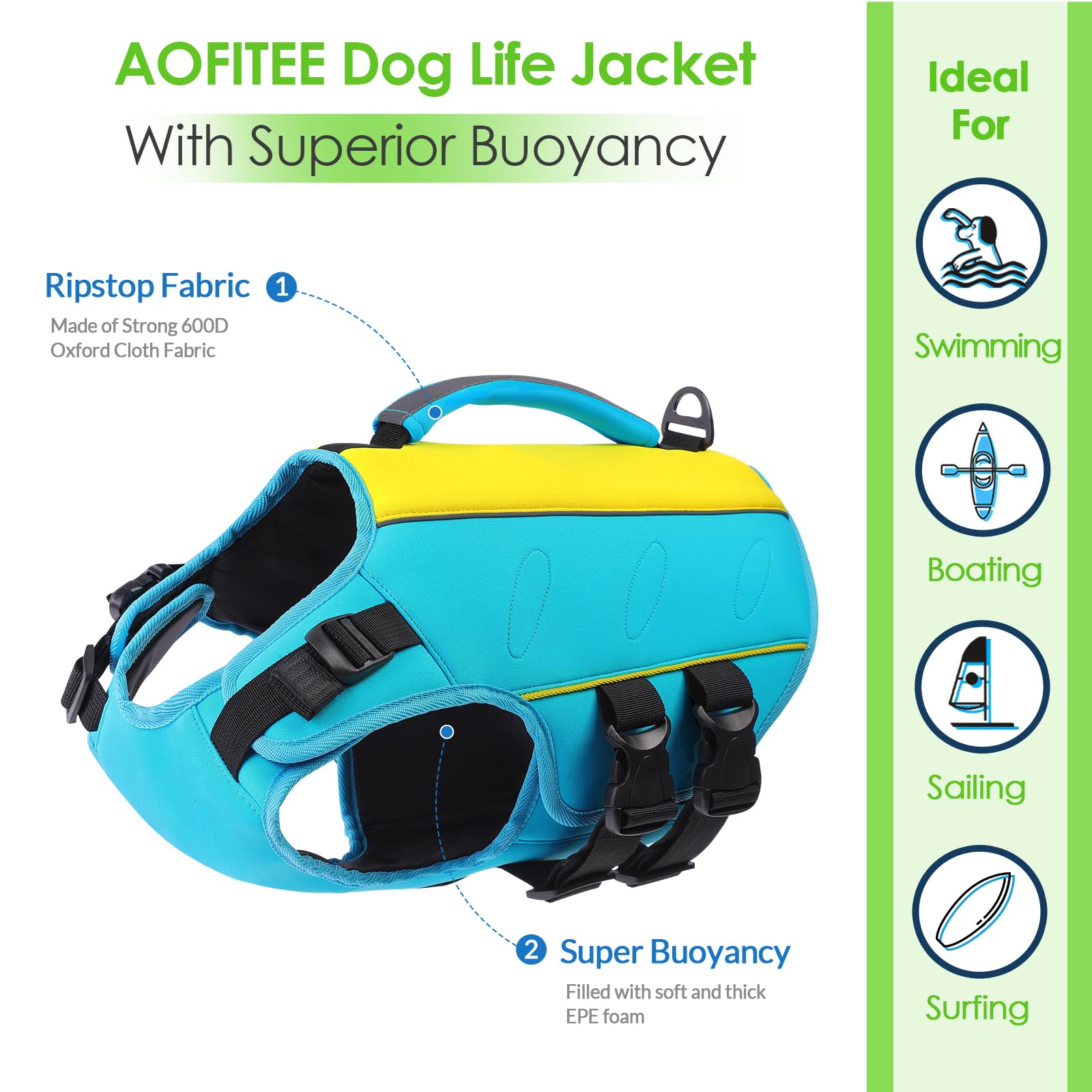 Aofitee Dog Life Jacket Large, Reflective Dog Life Vest For Swimming Boating, Ripstop Dog Swimming Vest With Rescue Handle And S